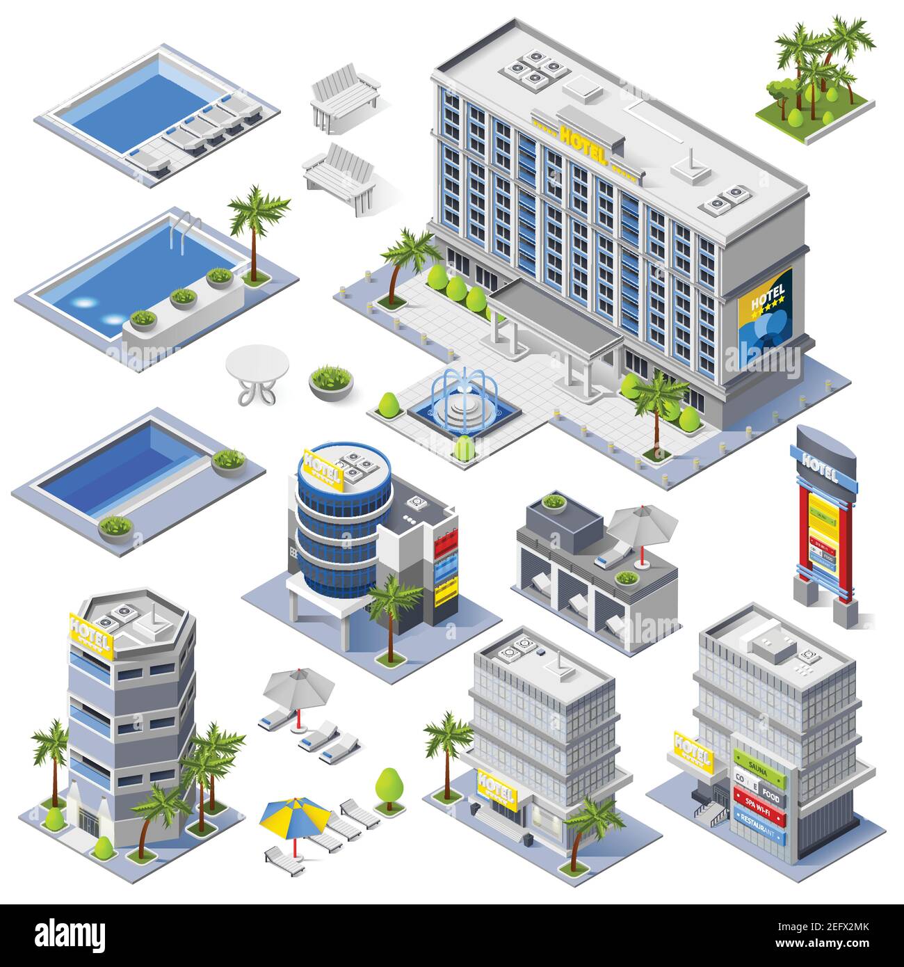 Luxury hotel buildings isometric icons set with palm trees and pools full of blue water  isolated vector illustration Stock Vector