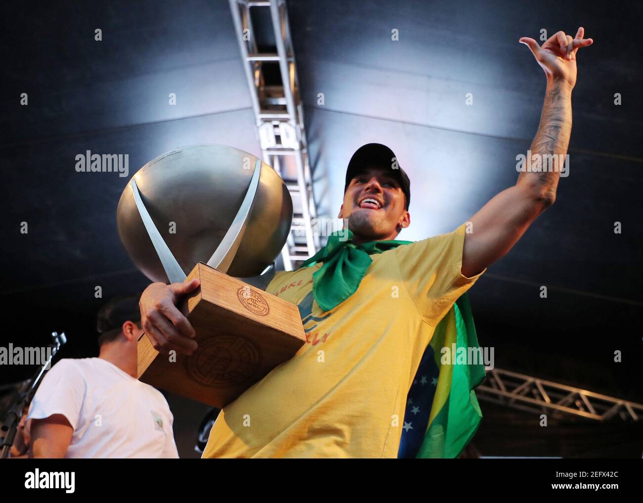 Surfing - Gabriel Medina WSL World Champion arrives in Brazil -  Maresias, Brazil - December 23, 2018    Brazil's Gabriel Medina arrives at his hometown and celebrates with the World Champion trophy   REUTERS/Paulo Whitaker Stock Photo