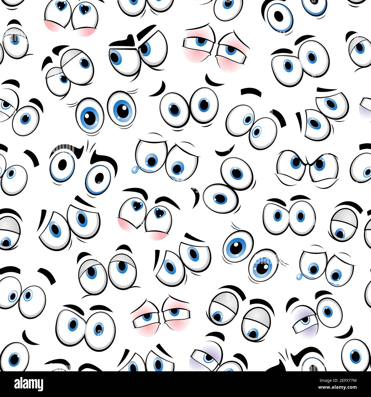 Cartoon eyes or smiles emoticons seamless pattern background. Vector backdrop of emoji faces expressions with eyes sad happy and smiling or crying tea Stock Vector