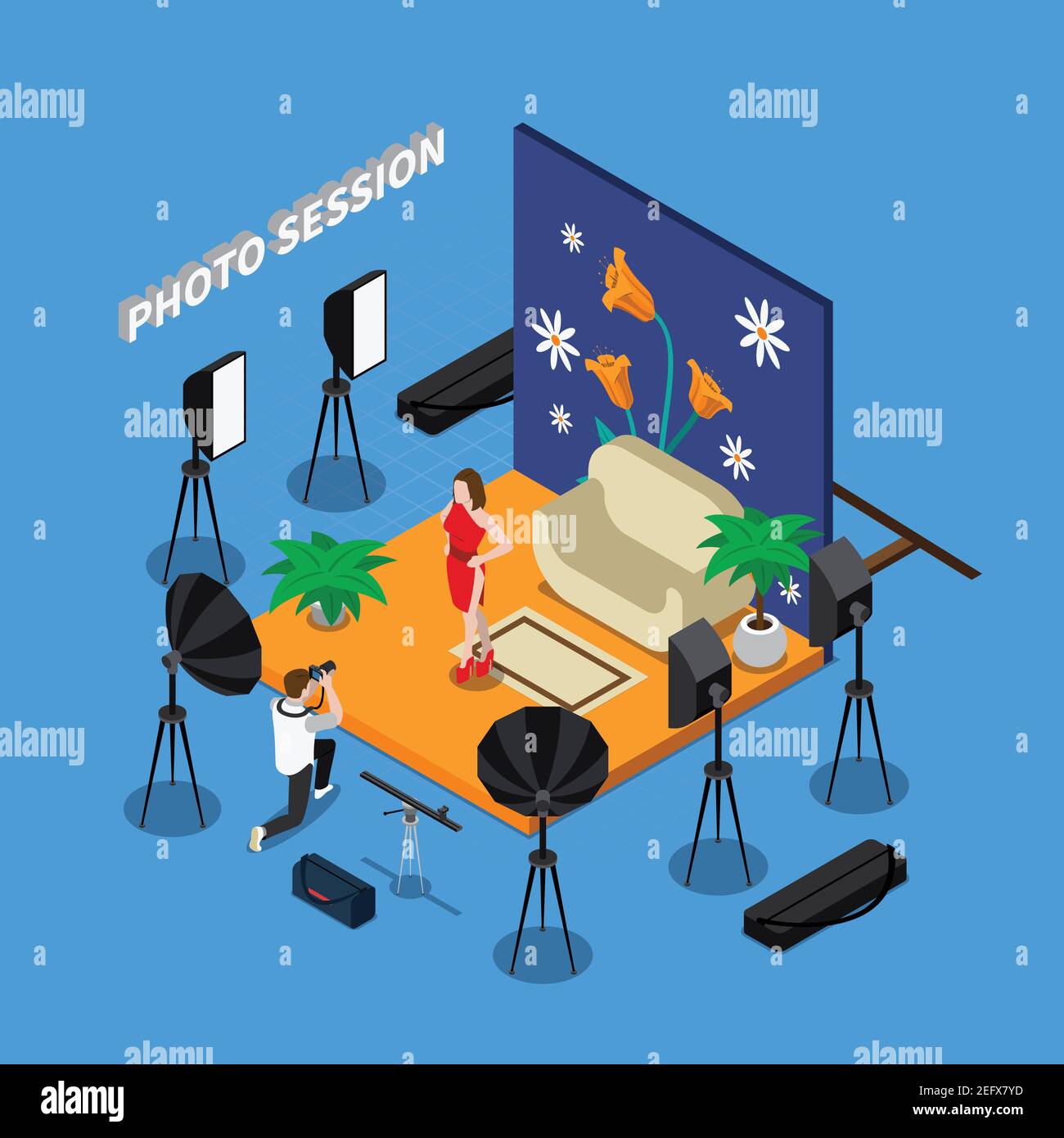 Photo session isometric design including man with camera and girl model in studio with spotlights vector illustration Stock Vector
