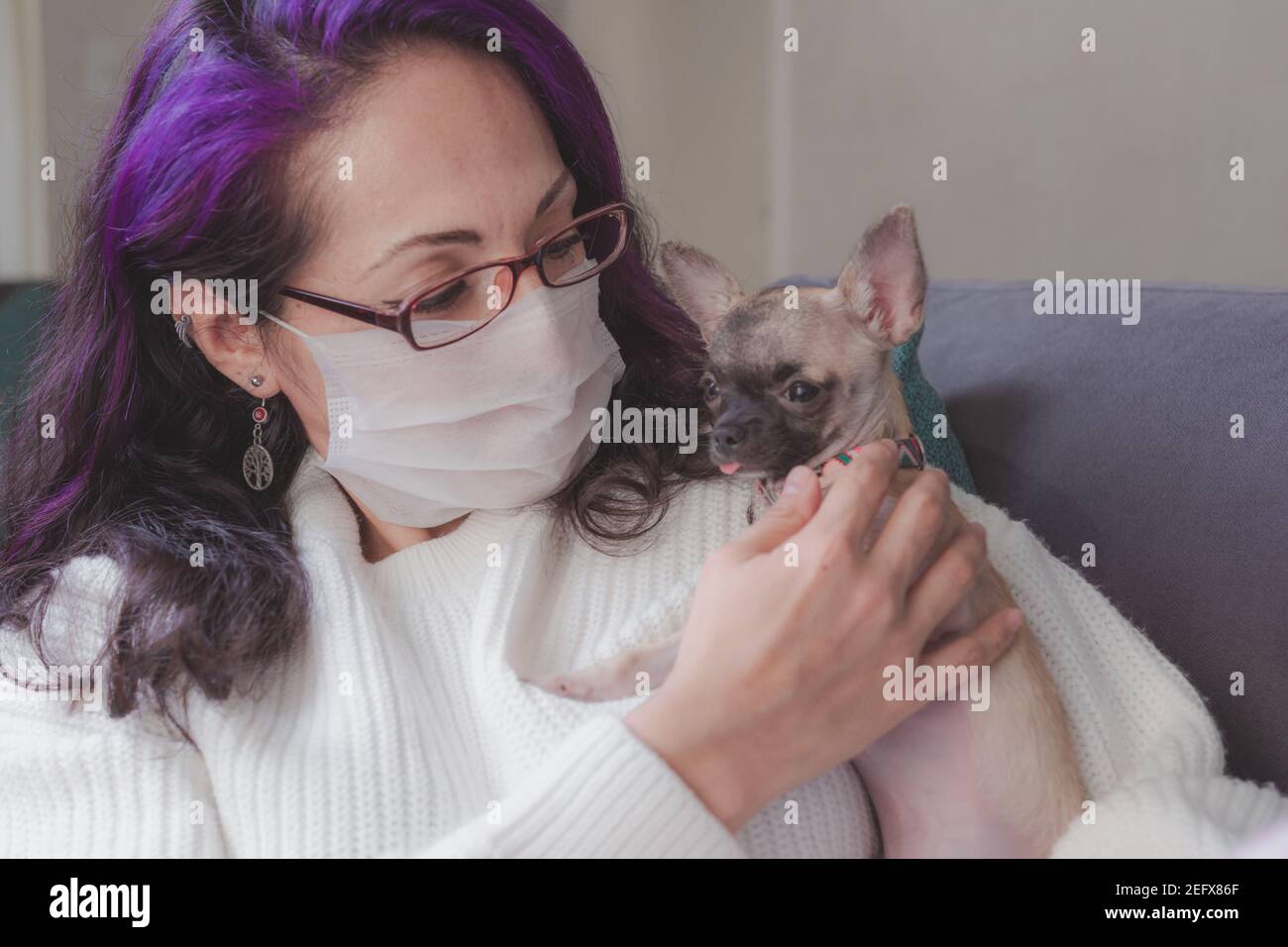 Woman with mask holding her pet a small chihuahua dog, they are in quarantine Stock Photo