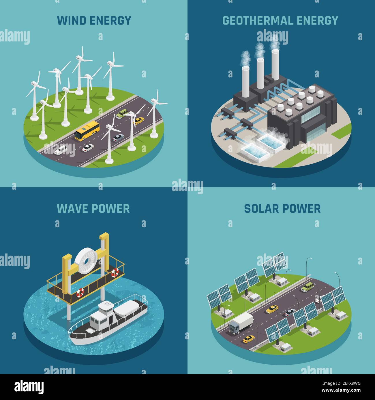 Ecological renewable green energy sources 4 isometric icons square ...