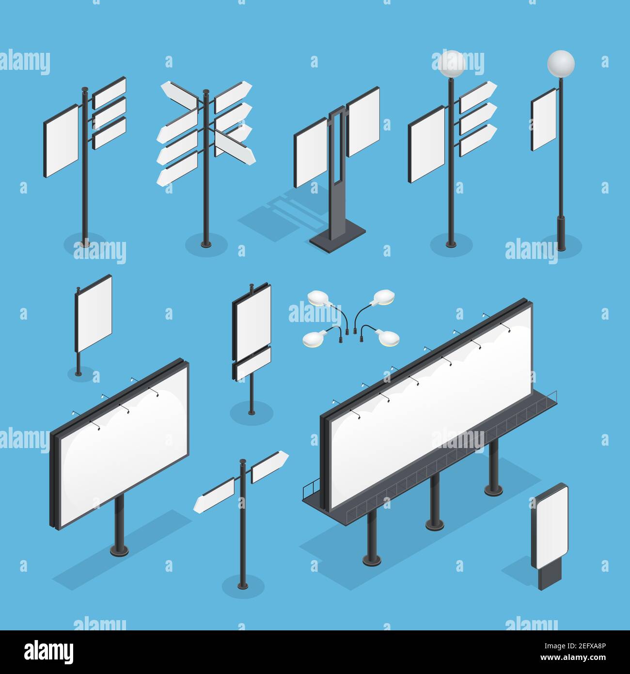 Billboard isometric set on blue background isometric isolated vector illustration Stock Vector