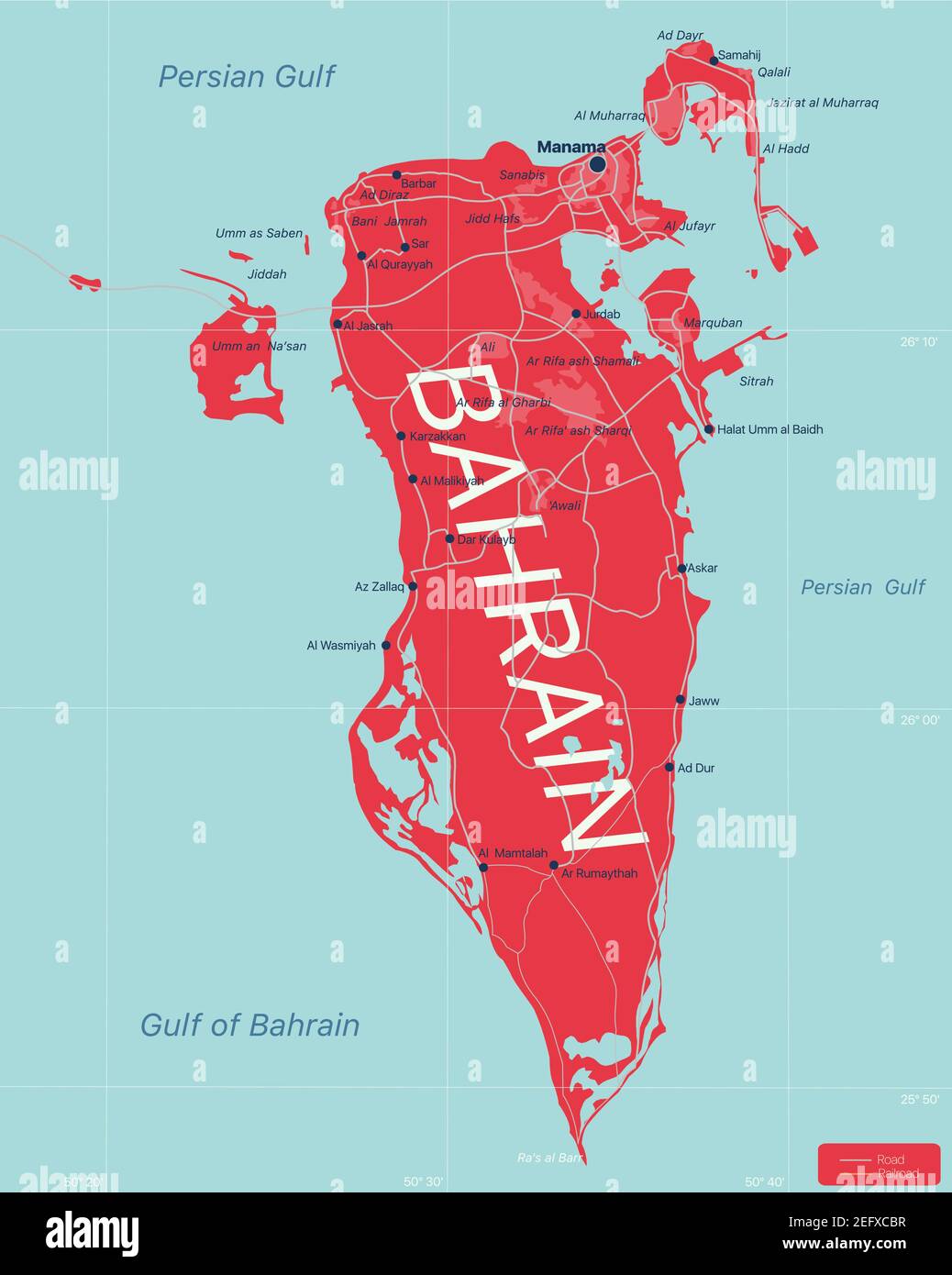 Bahrain Country Detailed Editable Map With Regions Cities And Towns Roads And Railways Geographic Sites Vector Eps 10 File 2EFXCBR 