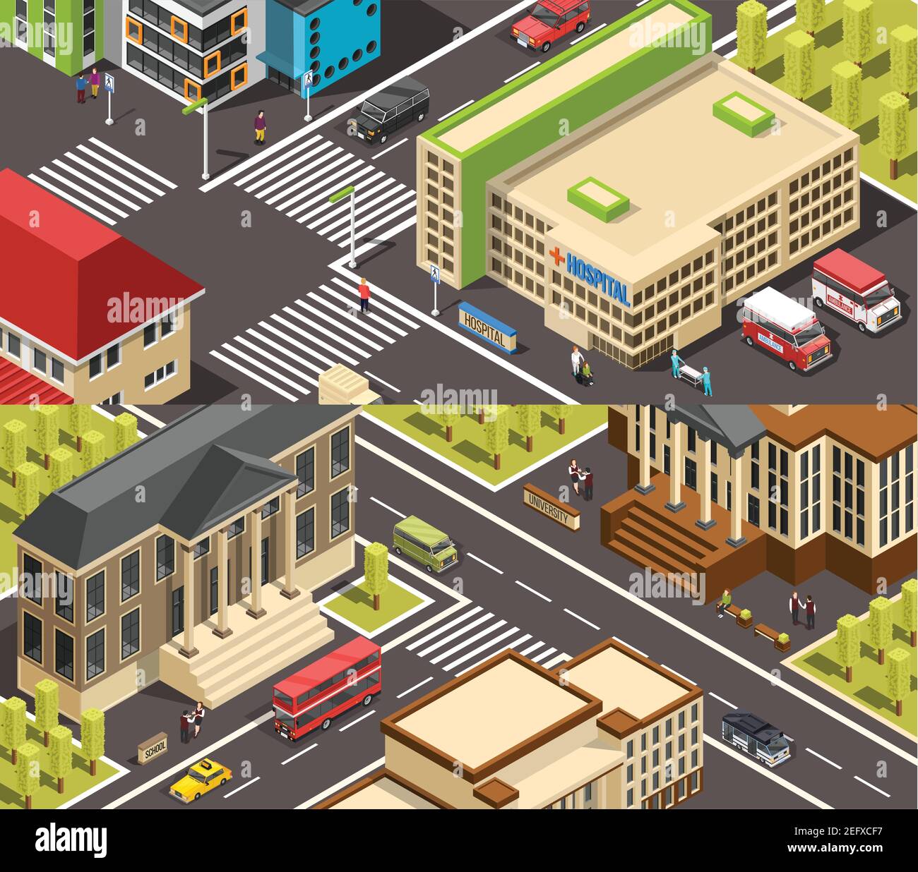 Government building isometric banners horizontal collection with classic and modern architecture in urban scenery vector illustration Stock Vector