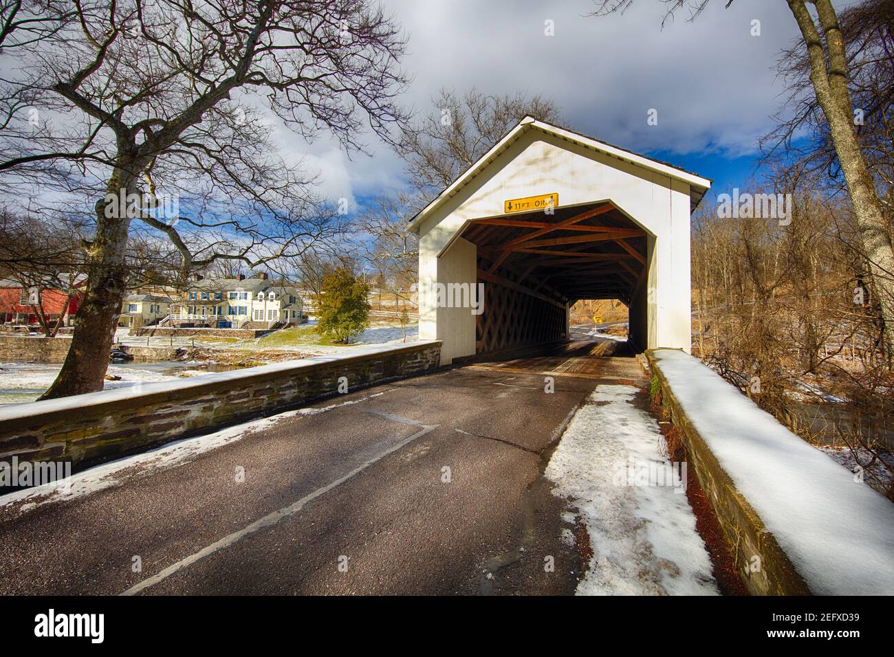 The Loux Covered Bridge over the the Cabin Creek, Bucks County, Pennsylvania Stock Photo