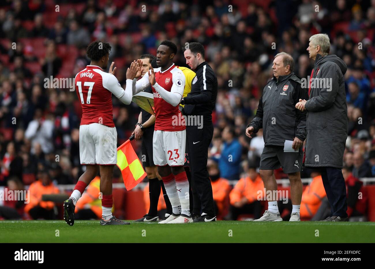 Soccer Football - Premier League - Arsenal vs Watford - Emirates Stadium, London, Britain - March 11, 2018   Arsenal's Danny Welbeck comes on as a substitute to replace Alex Iwobi            Action Images via Reuters/Tony O'Brien    EDITORIAL USE ONLY. No use with unauthorized audio, video, data, fixture lists, club/league logos or 'live' services. Online in-match use limited to 75 images, no video emulation. No use in betting, games or single club/league/player publications.  Please contact your account representative for further details. Stock Photo