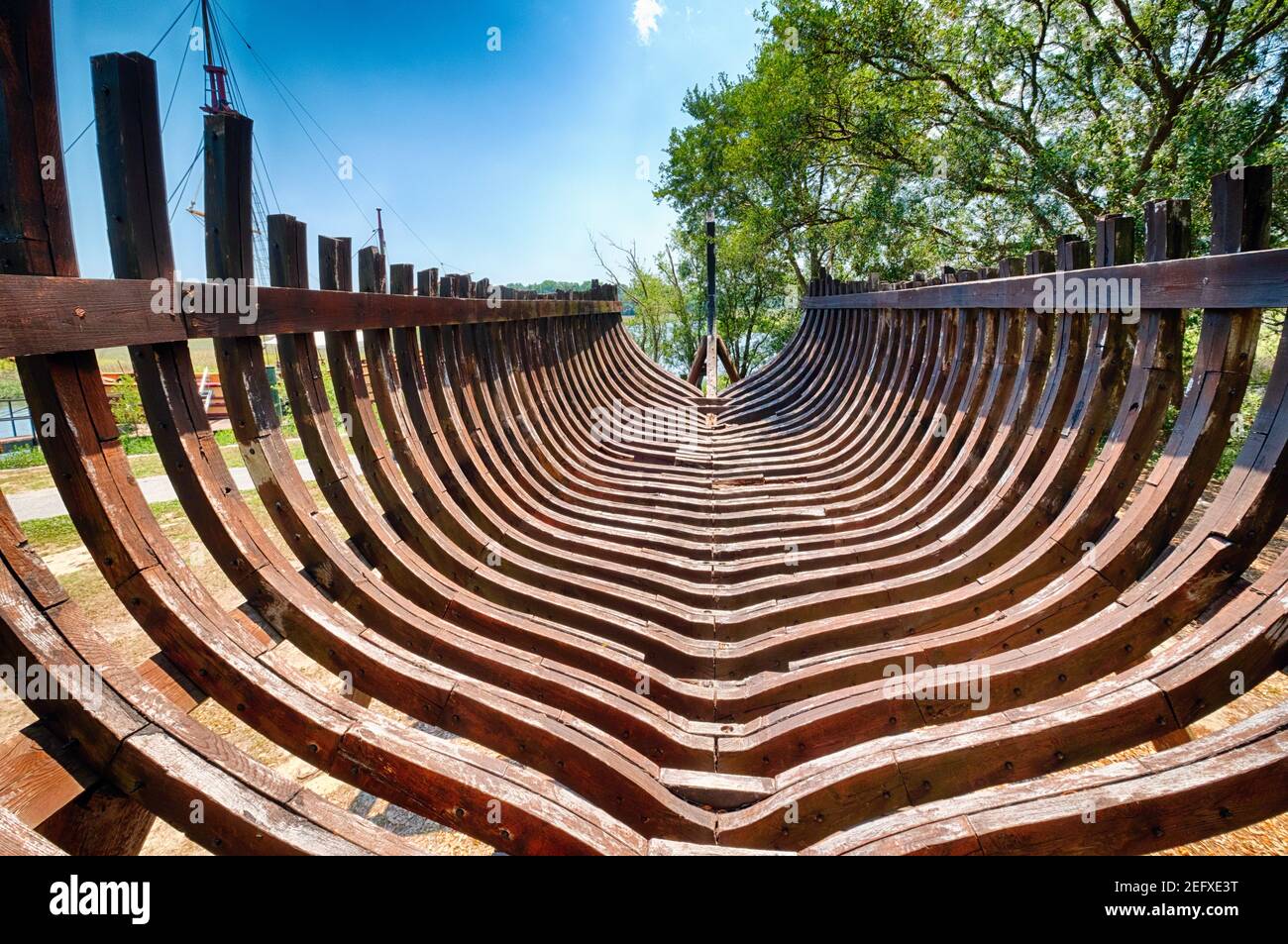 Wooden Boat Hull Construction Exhibit, Chareles Towne Landing Satae Park, Charleston, South Carolina Stock Photo