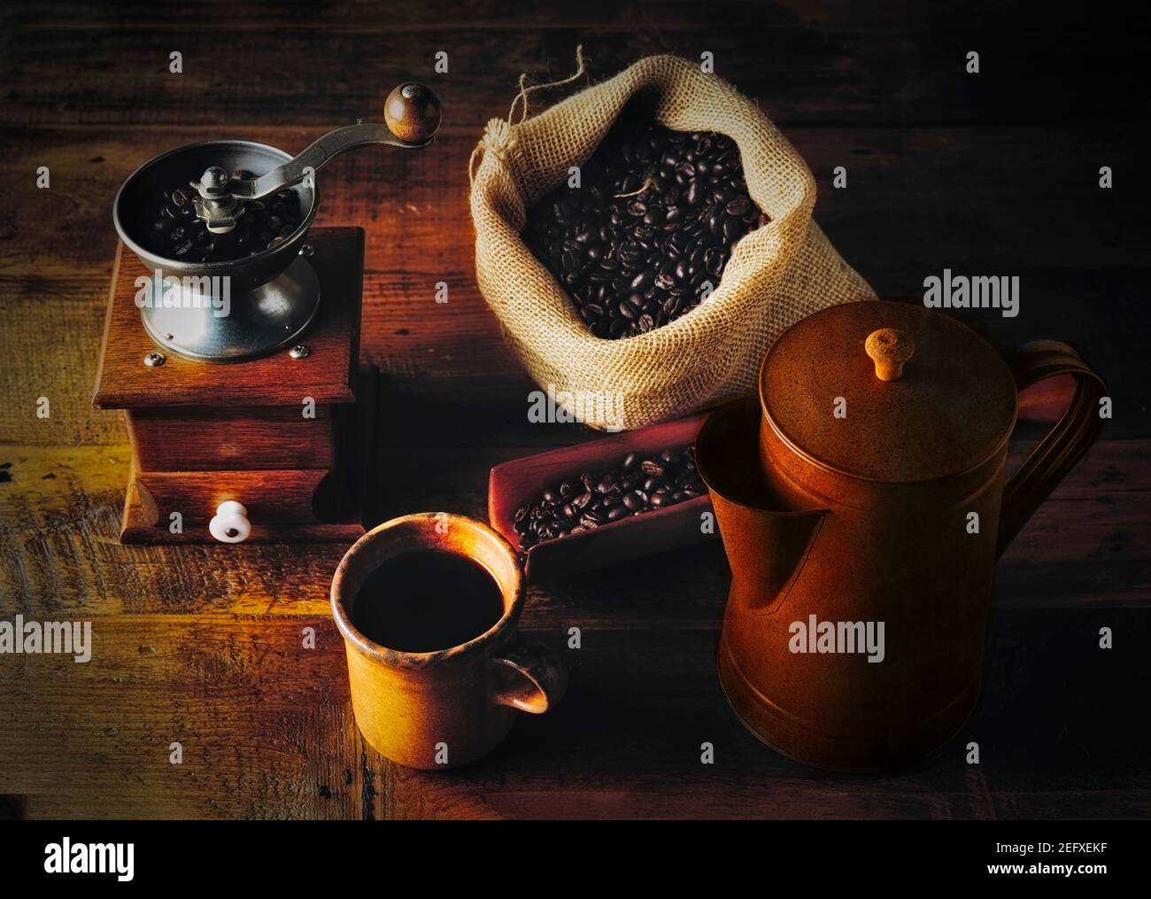 Close Up View of a Traditional Coffee Brew, Hand Grinder, Fresh Beans