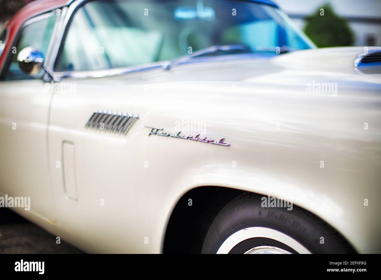 Close up View of aFender with Scripts of a Classic Ford Thunderbird Automobile Stock Photo