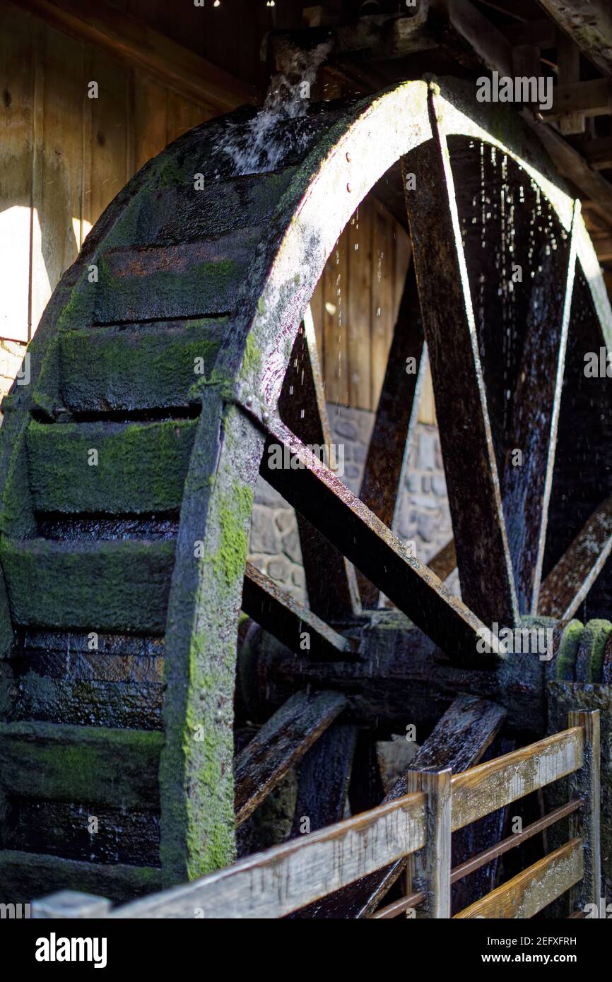 Close Up View of a Wooden Old Waterwheel, Lahaska, Peddlers Village, Bucks County, Pennsylvania, USA Stock Photo