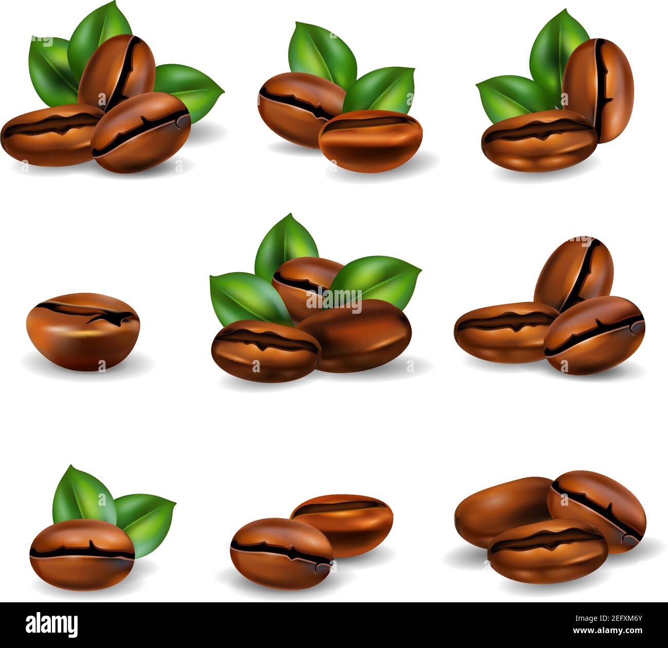 Roasted coffee beans with leaves realistic set isolated on white ...