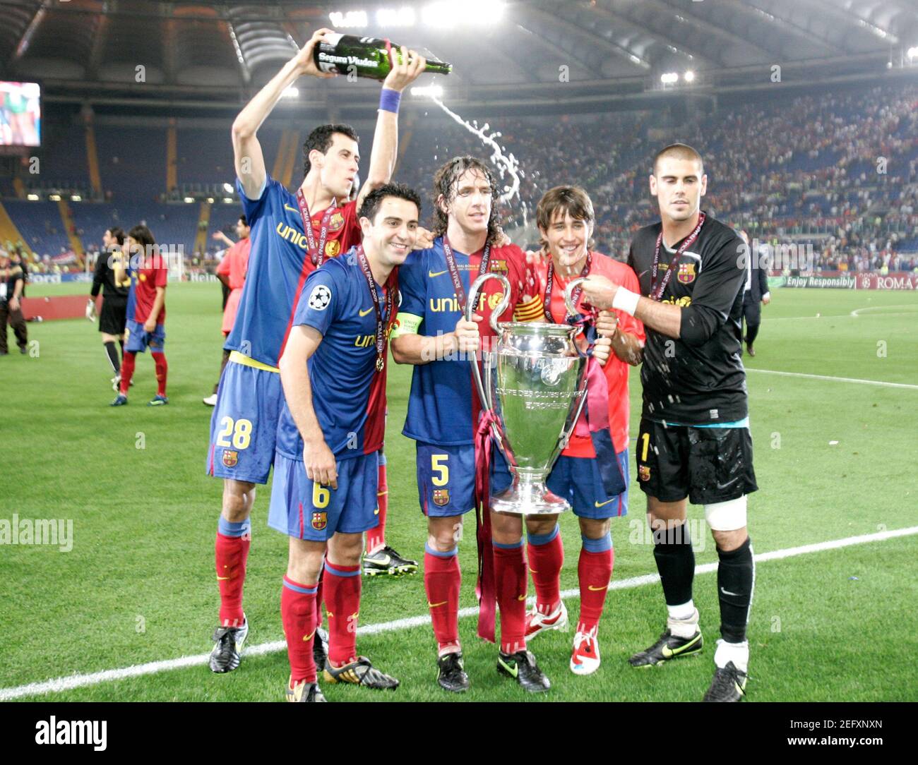 Football - Manchester United v FC Barcelona - 2009 Champions League Final -  Olympic Stadium, Rome, Italy - 08/09 - 27/5/09 (L-R) FC Barcelona's Sergi  Busquets, Xavi, Carles Puyol, Bojan Krkic and