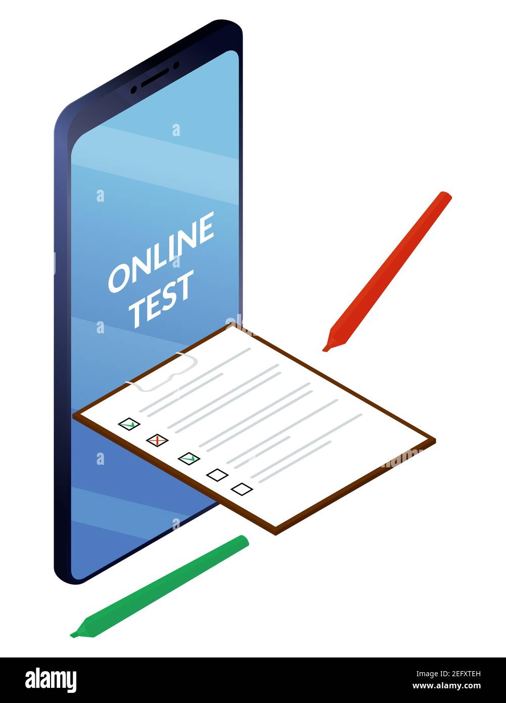 Online surveys or exam form. Checklist from smartphone screen and pencils. Isolated vector isometric illustration. Stock Vector
