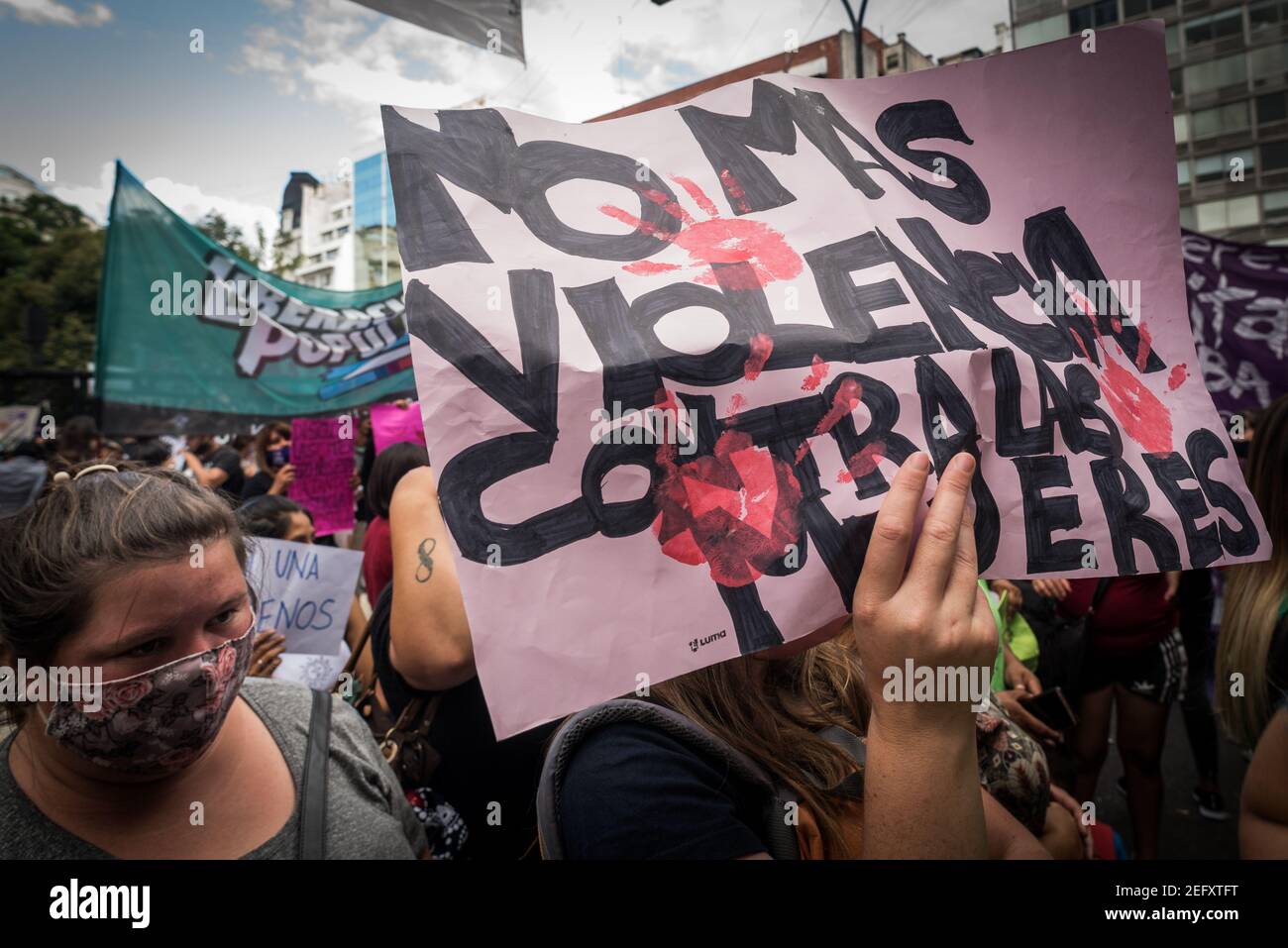A protester holds a placard expressing her opinion during the demonstration.The feminist movement “ Ni Una Menos” concentrated at the Courthouse in repudiation of the Justice’s reaction, after the femicide of Úrsula perpetrated by Matías Martínez in the town of Rojas, Buenos Aires. Stock Photo