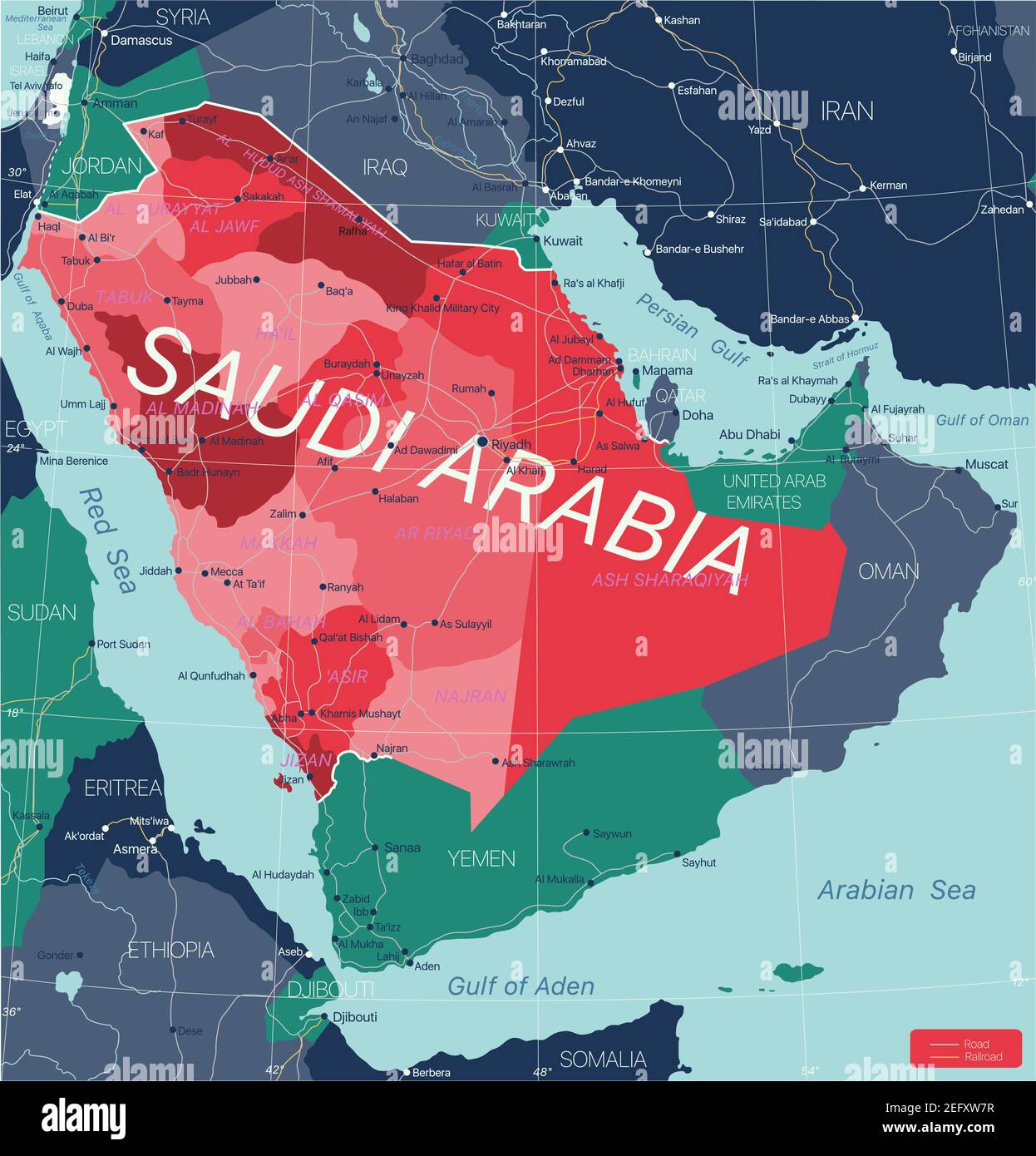 Saudi Arabia country detailed editable map with regions cities and towns, roads and railways, geographic sites. Vector EPS-10 file Stock Vector