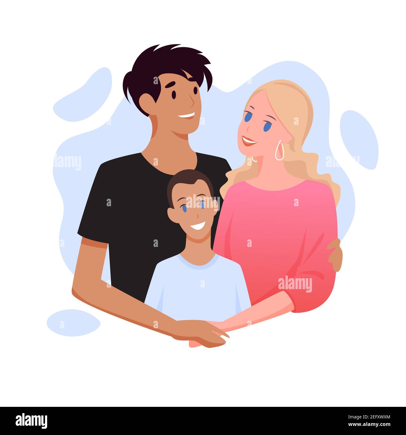 Family with different nationality people, happy parent characters hug boy son with love Stock Vector