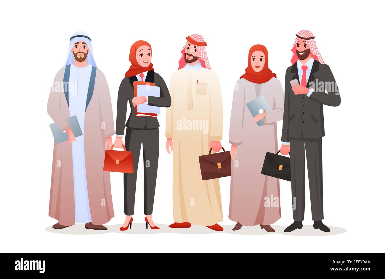 Arab business people team, ethnic group of young arabian entrepreneur persons standing Stock Vector