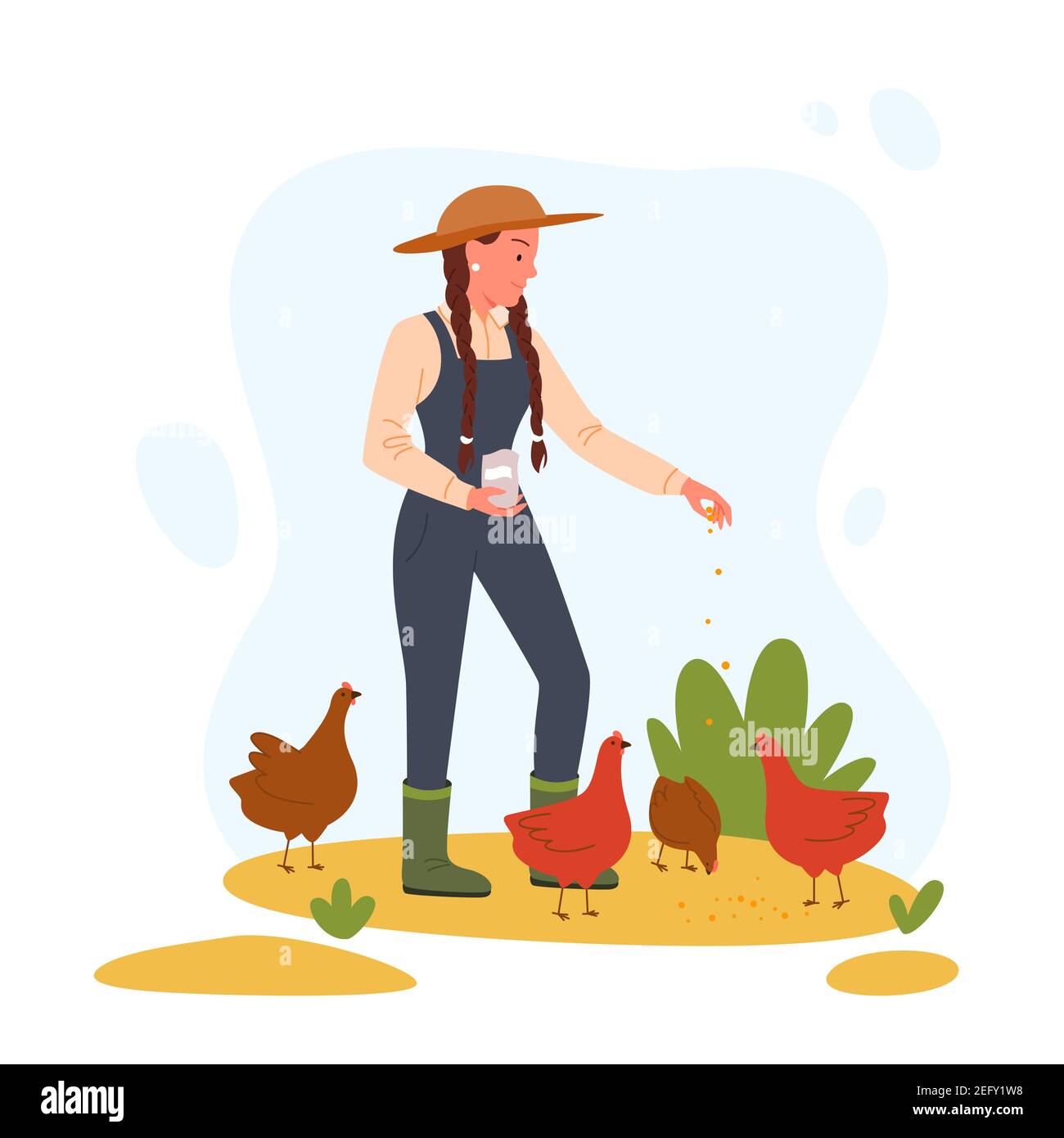 Agriculture farm worker feeding chicken hen rooster domestic birds in poultry ranch Stock Vector
