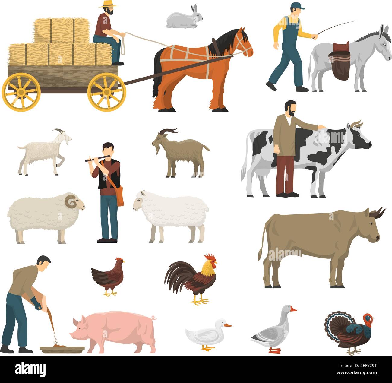 Farm animals set with cow horse and hen flat isolated vector ...