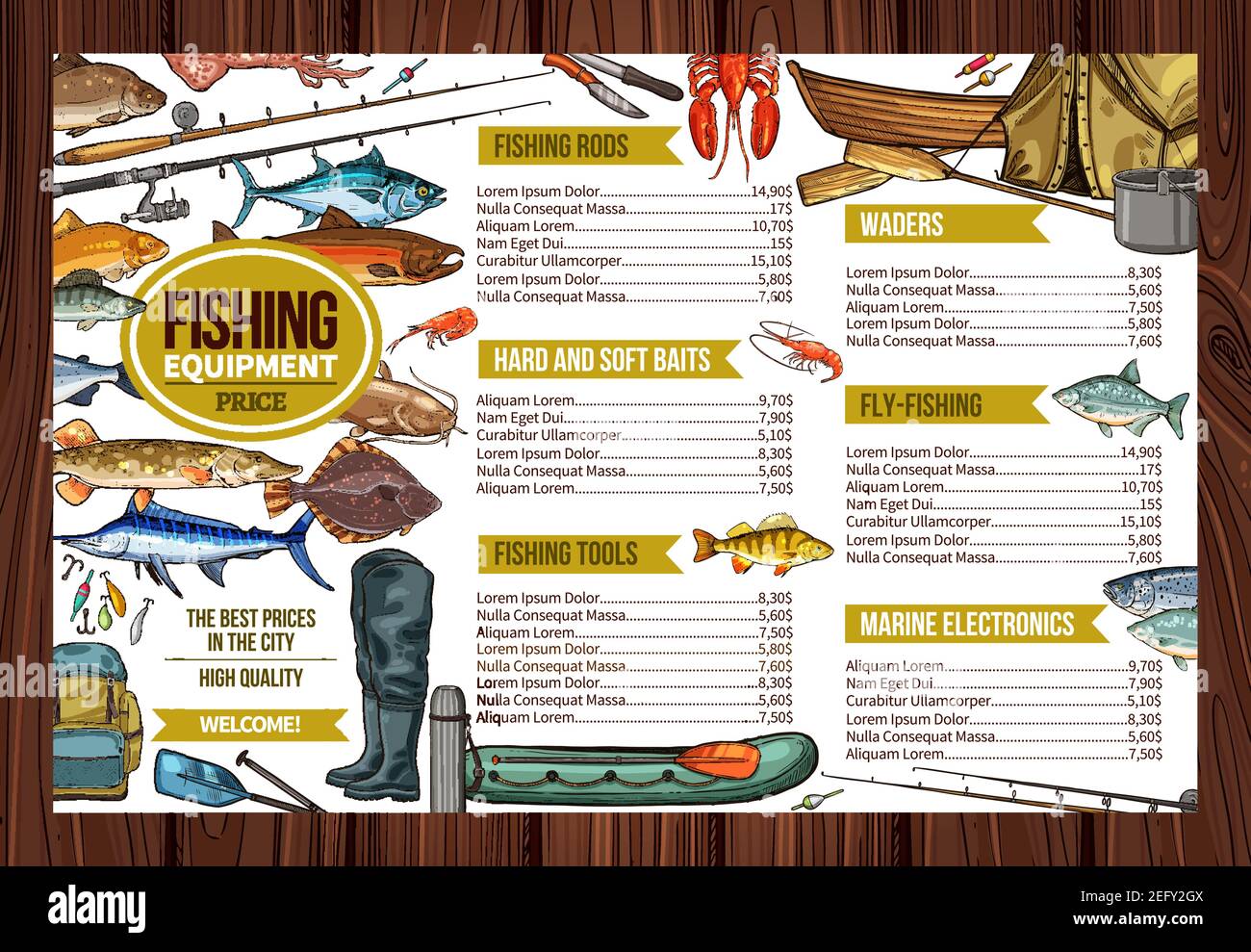 Fishing store sketch price list design of fisherman equipment
