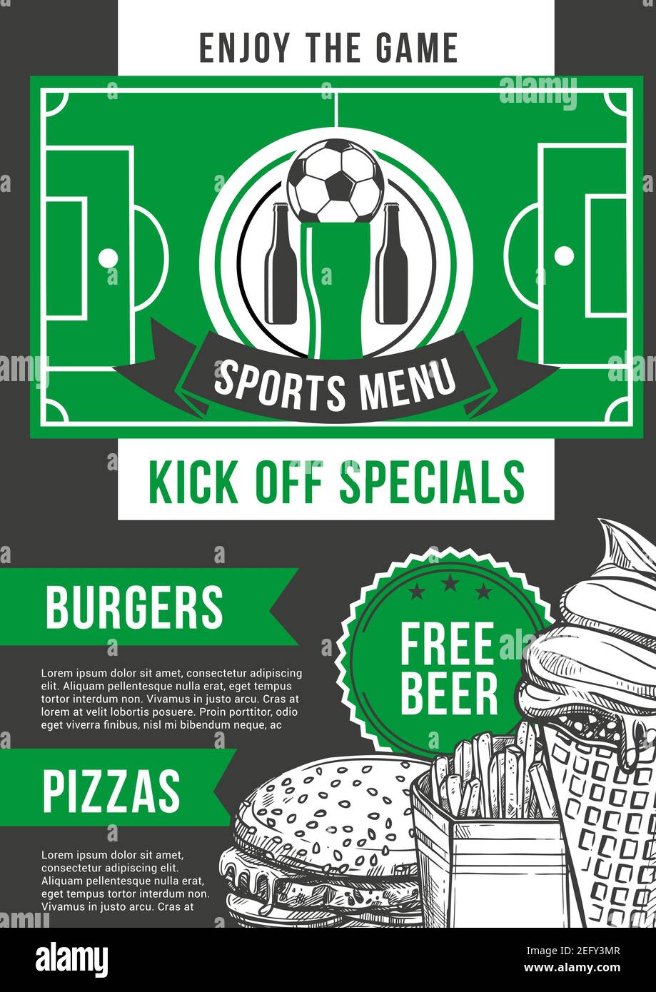 Soccer sports bar menu design template for pizza, burgers and beer
