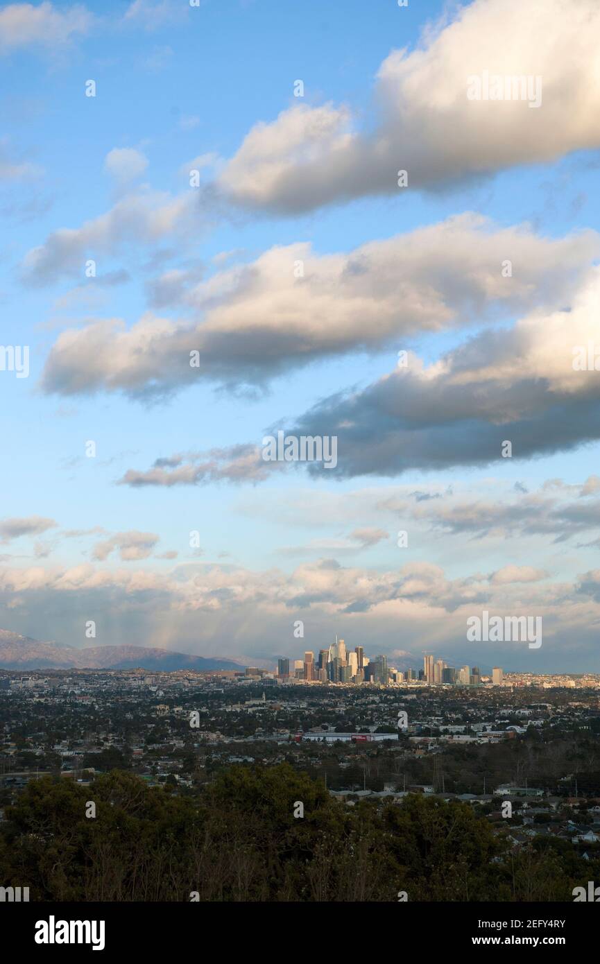 View of the Los Angeles basin and downtown skyline from the Baldwin Hills overlook. Stock Photo