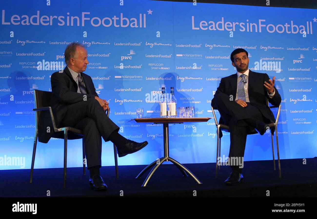 Football - Leaders in Football Conference - Stamford Bridge - 5/10/11 FIFA's Keir Radnedge (L) talks with Hassan Al Thawadi - Secretary General of Qatar 2022 Supreme Committee during the conference Mandatory Credit: Action Images / Paul Childs Livepic Stock Photo