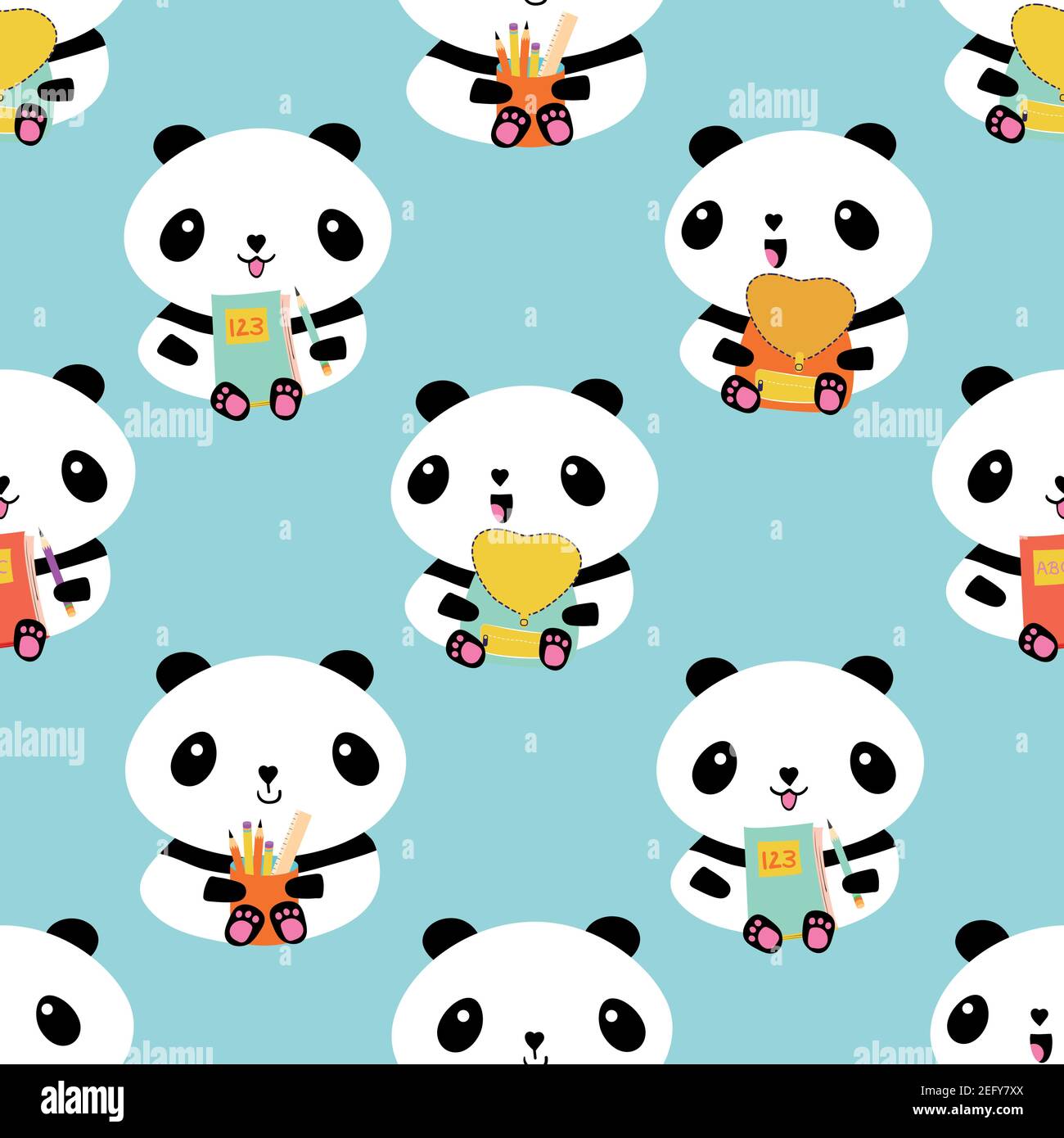 Cute Kawaii vector panda seamless pattern background. Sitting cartoon bears holding backpacks, notebooks, pencil holders pencils on blue backdrop. Fun Stock Vector