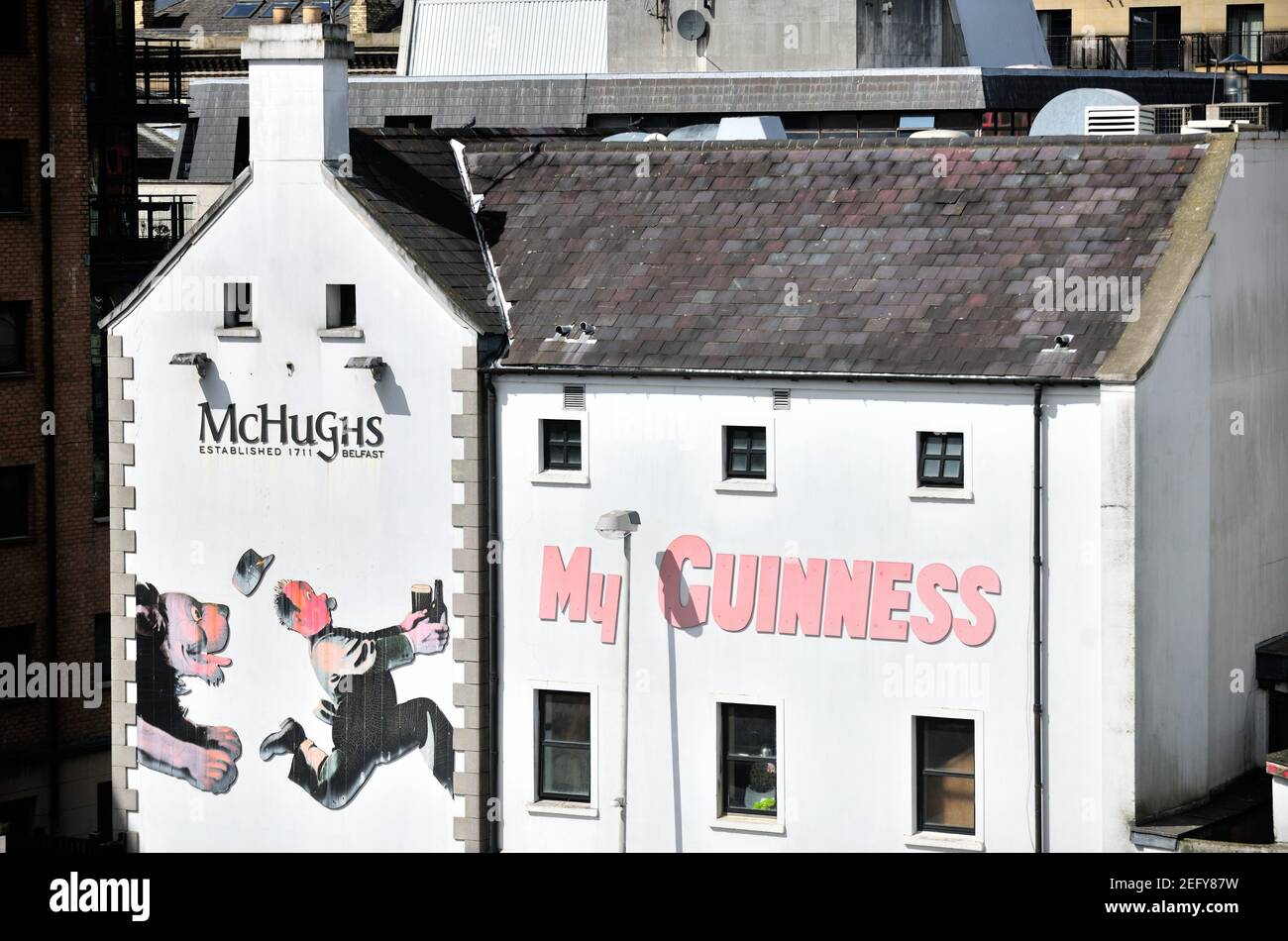 Belfast, Northern Ireland. McHugh's Bar is a pub on Queen's Square. It is among the city's best known pubs and the oldest building in the city. Stock Photo