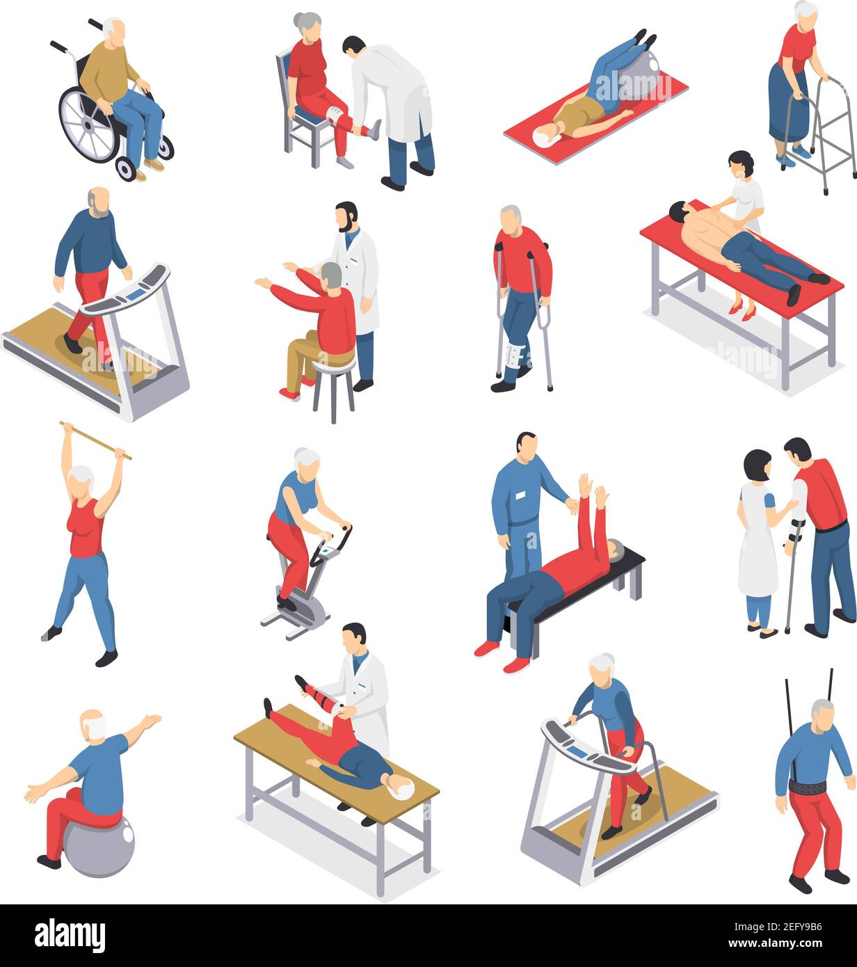 Rehabilitation physiotherapy isometric icons collection with people exercising on ball and moving walkway travelator isolated vector illustration Stock Vector