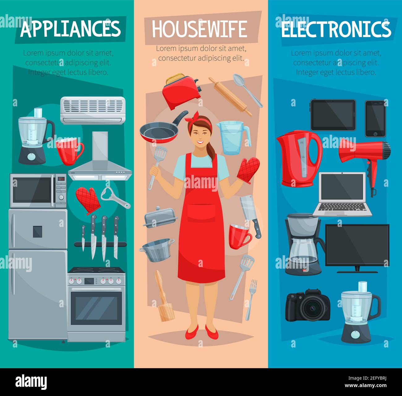 Home appliances and kitchenware banner. Housewife with refrigerator, microwave and coffee machine, knife, fork and mixer, frying pot, stove and mixer, Stock Vector