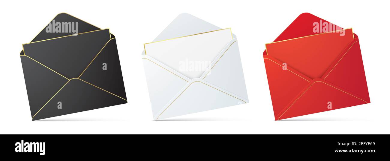 Set of black, white, and red envelopes with the letter, and golden details. Realistic envelope vector mockup with a greeting, or invitation card inside with copy space, isolated on a white background. Stock Vector