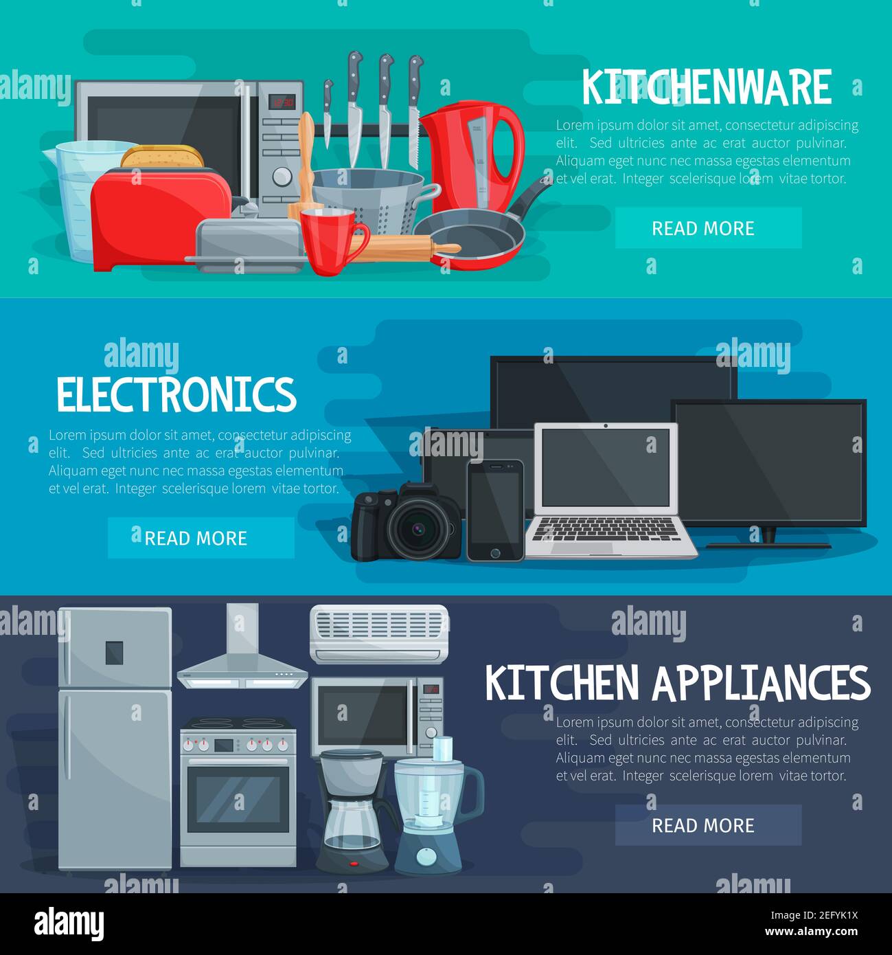 Home appliance banner set with kitchenware, household electronics and kitchen tool. Refrigerator, stove and microwave, mixer, coffee machine and knife Stock Vector