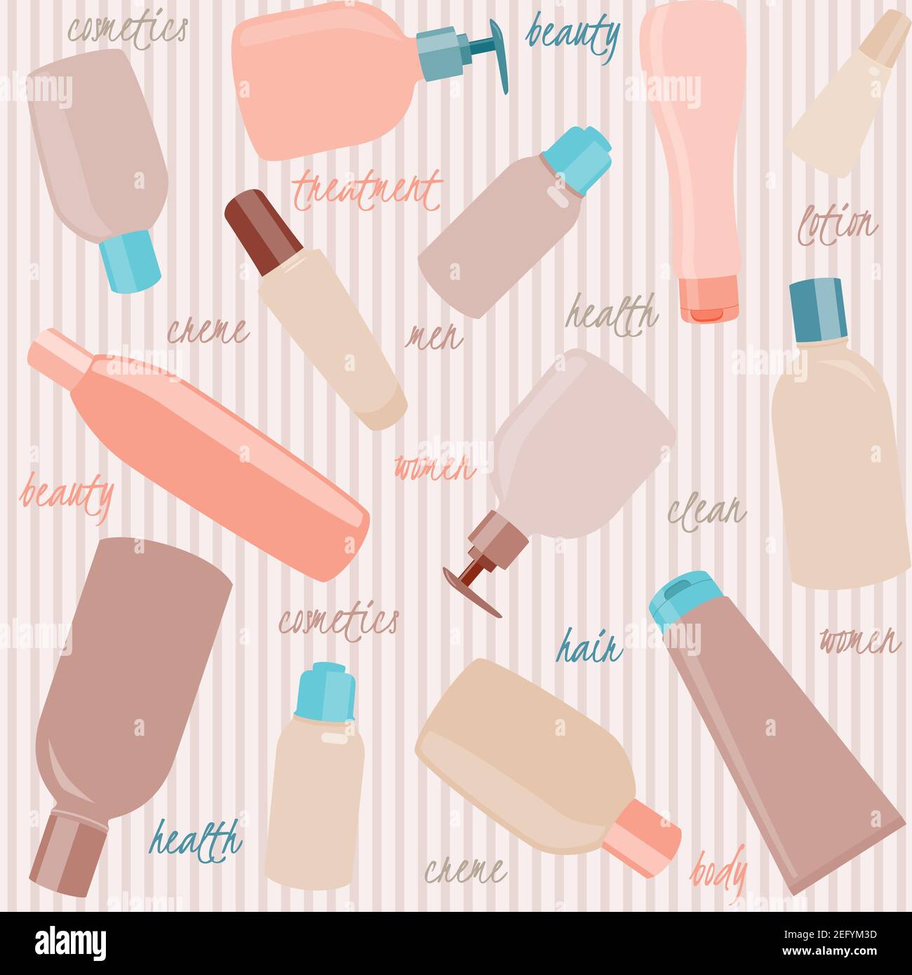 Seamless pattern with cosmetics bottles and text over stripes Stock Vector