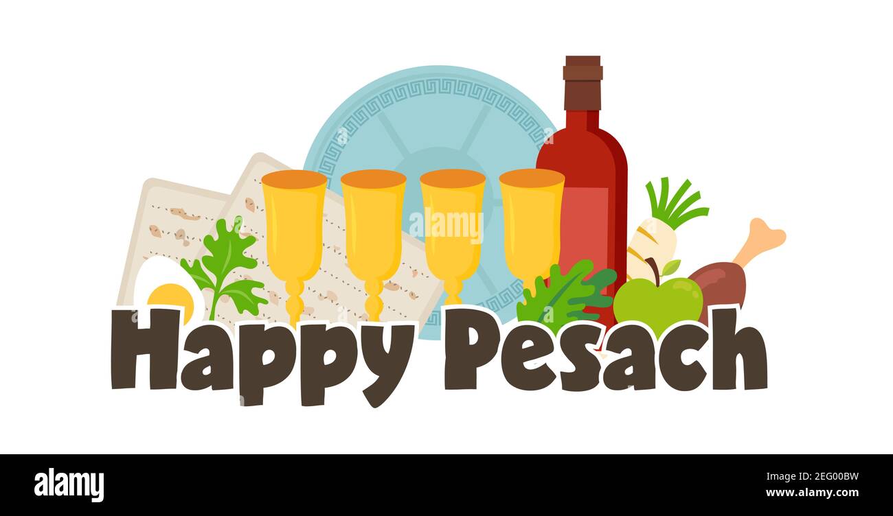 Pesah celebration concept , Jewish Passover holiday. Greeting cards with traditional icons, four wine glasses, Matzah and spring flowers. vector Stock Vector