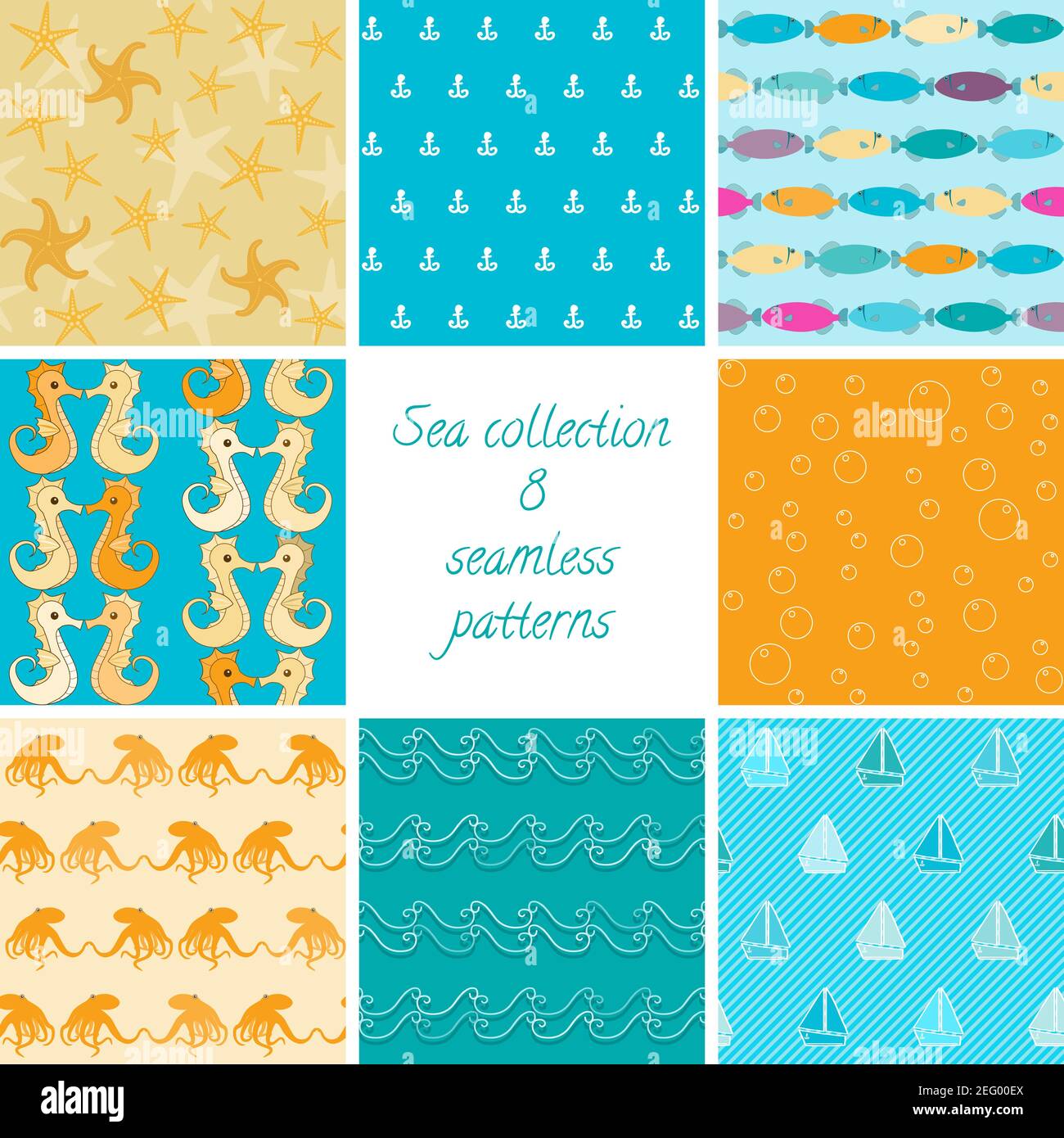 Colorful collection of 8 marine seamless patterns Stock Vector