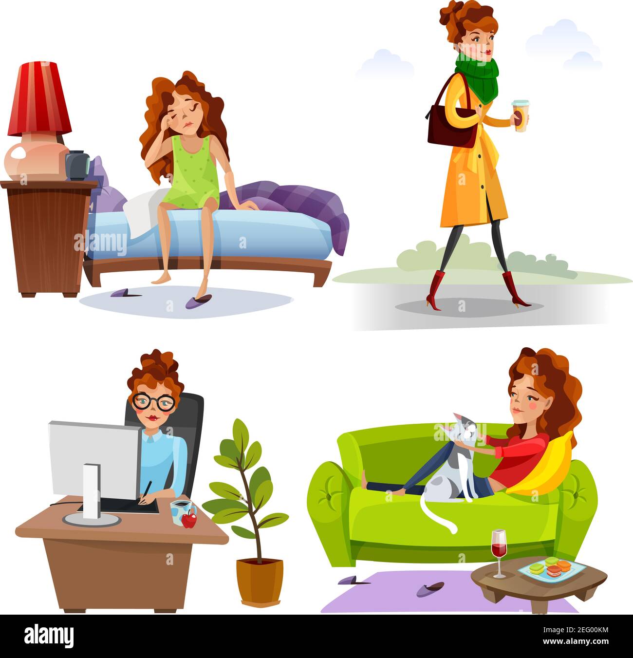 Working woman daily routine activities from waking up 4 cartoon style icons square comics isolated vector illustration Stock Vector