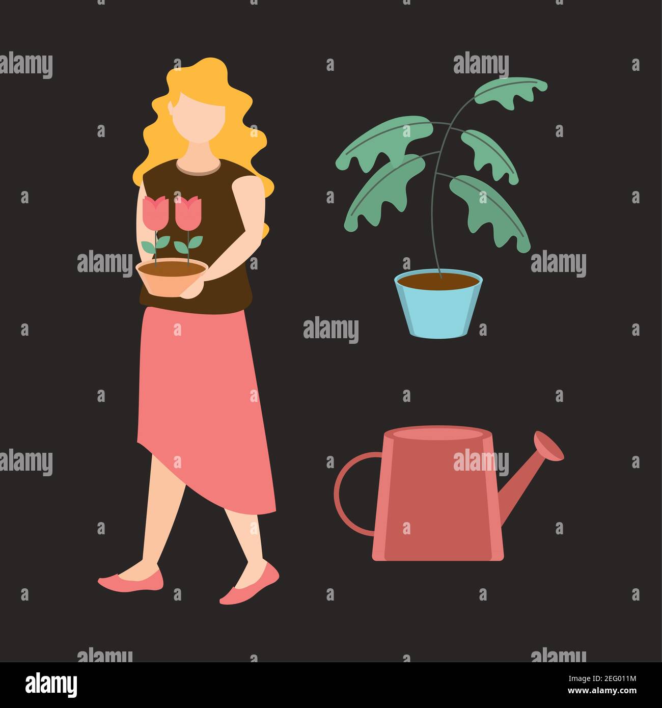 woman holding potted flowers potted plant and watering can gardening ...