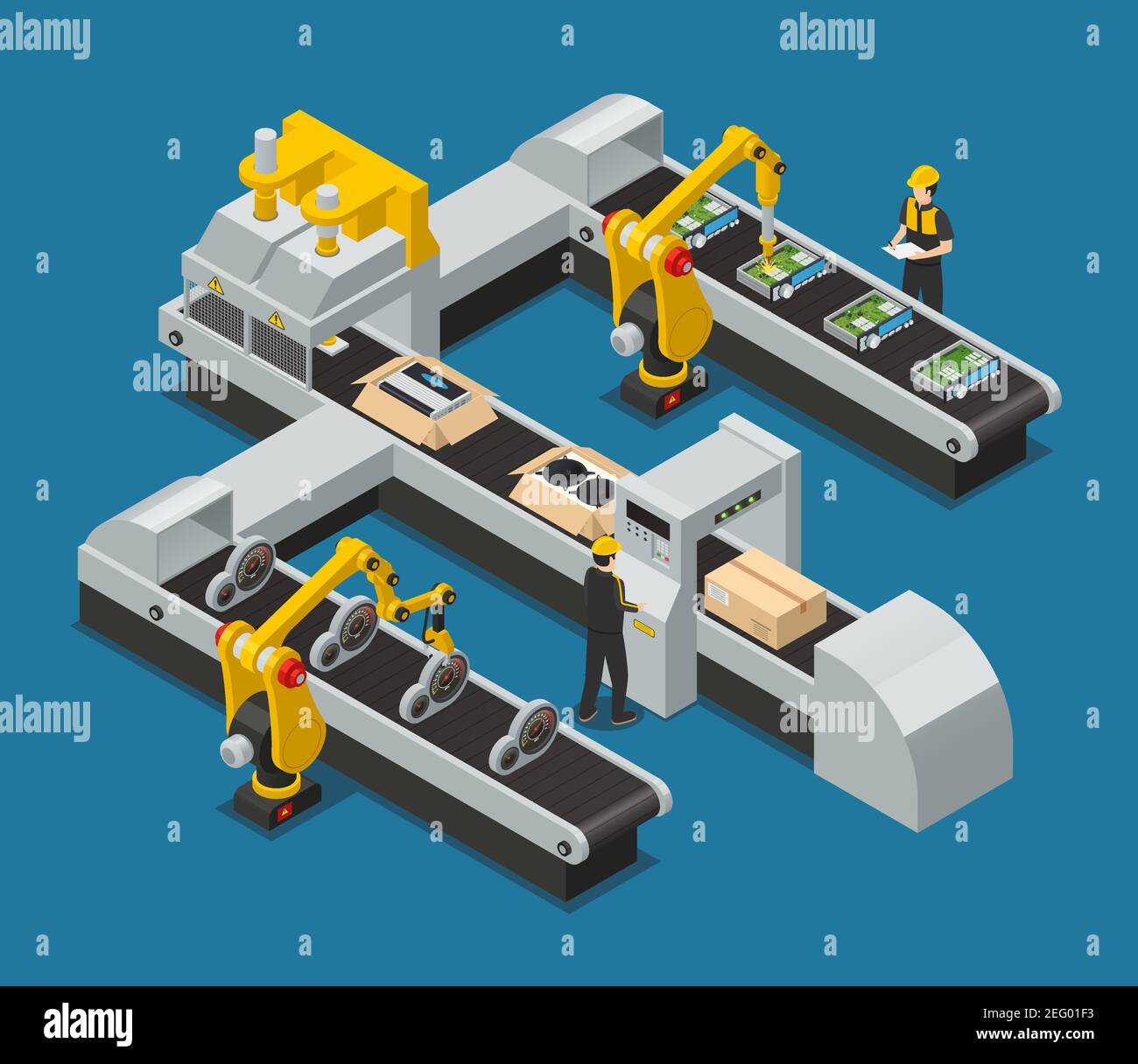 Colored car electronics autoelectronics isometric factory composition with robotized process in the factory vector illustration Stock Vector