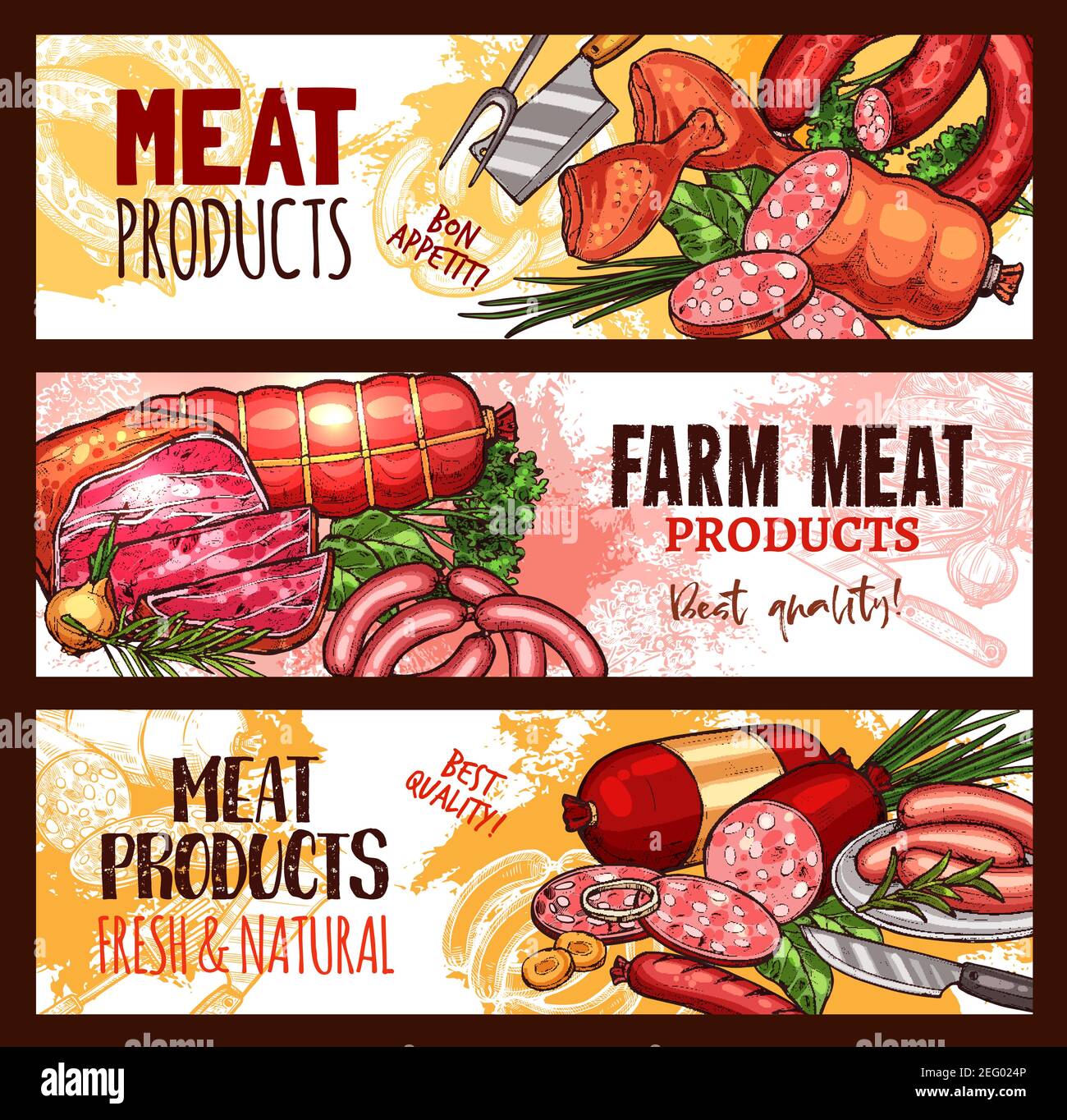 Meat farm products sketch banners. Vector design of pork filet or beef  steak and brisket or ham bacon, salami or pepperoni sausages and filet or  tende Stock Vector Image & Art -