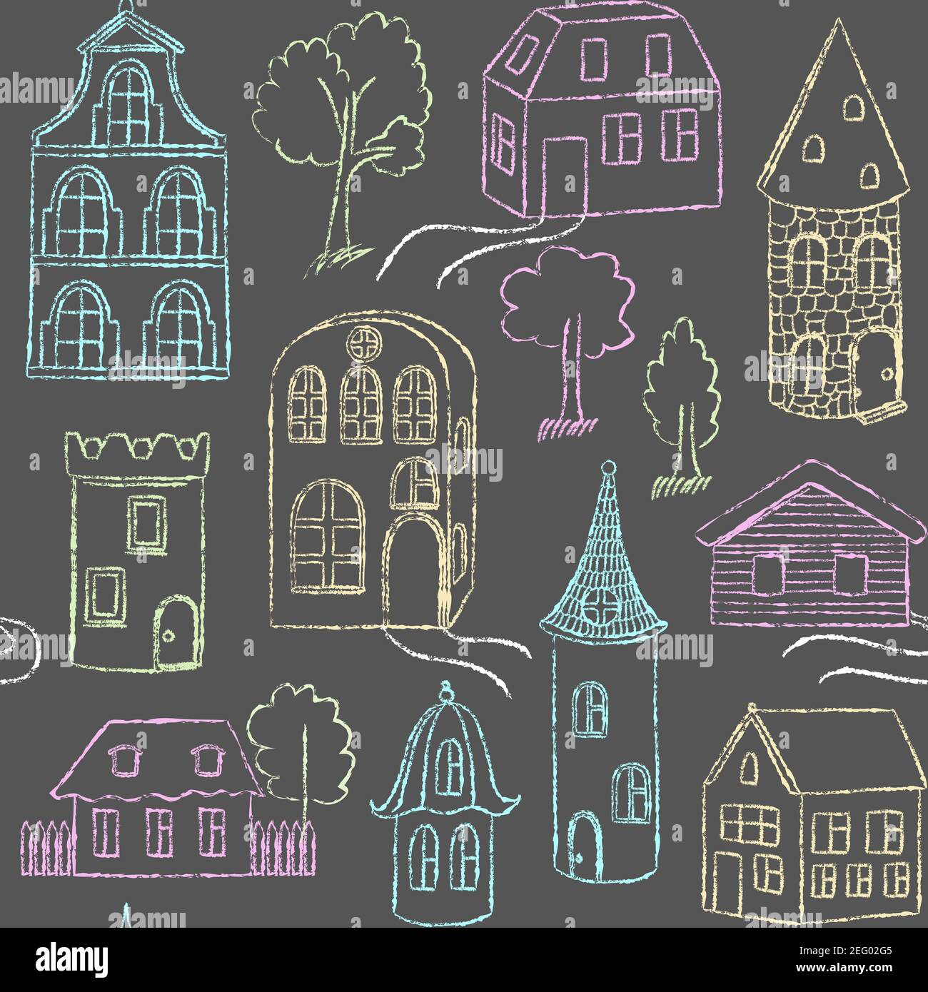 Seamless chalkboard pattern with hand drawn houses Stock Vector