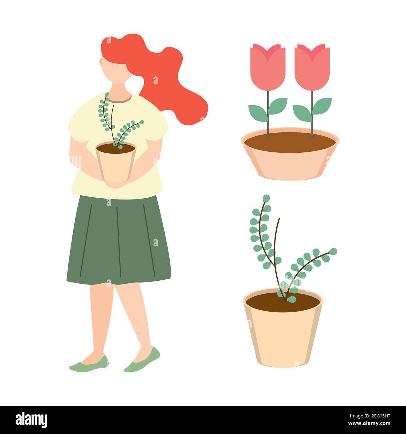woman with potted plant, flowers and foliage in pots gardening vector ...