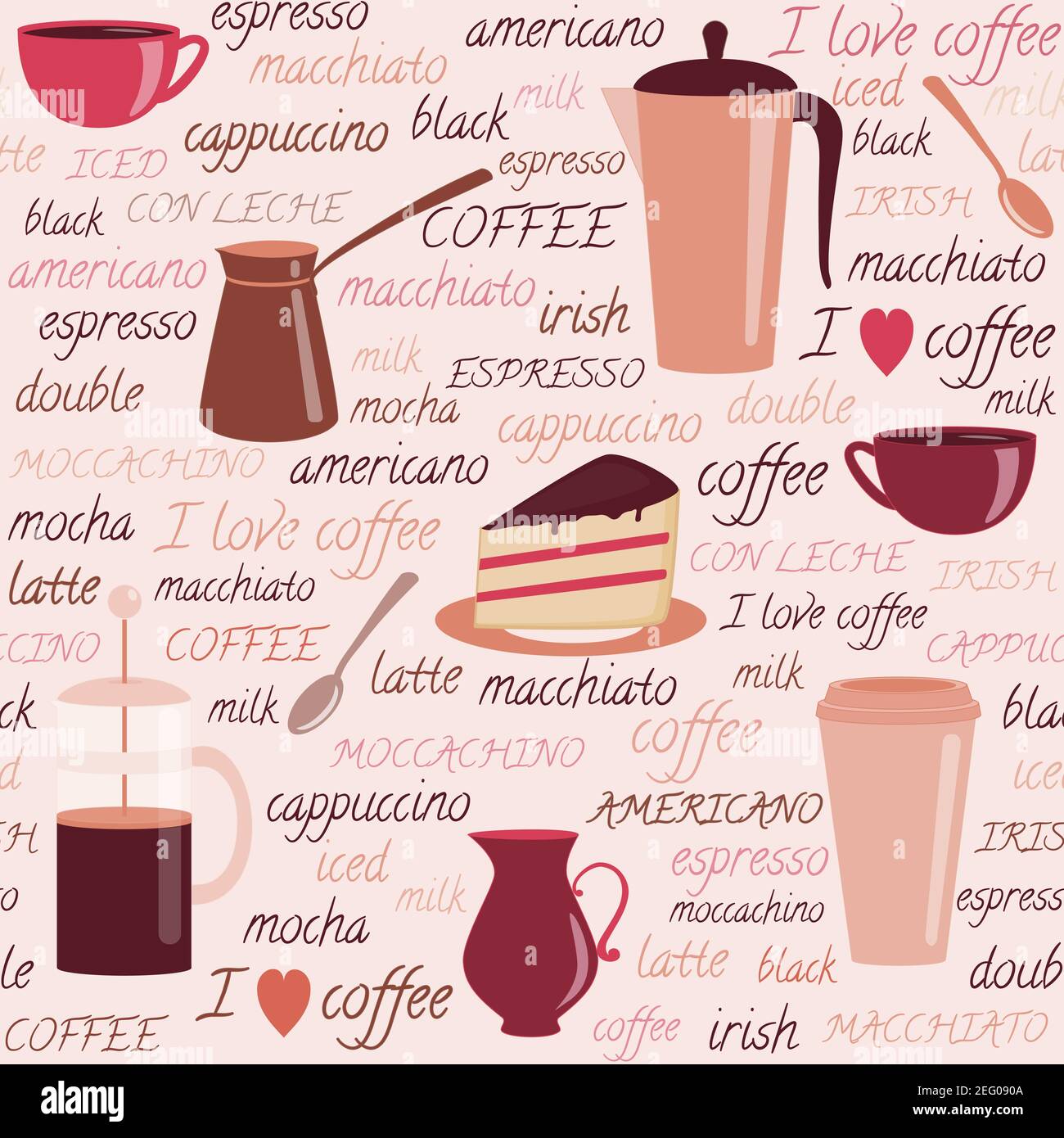 Seamless pattern with coffee items and colorful text Stock Vector