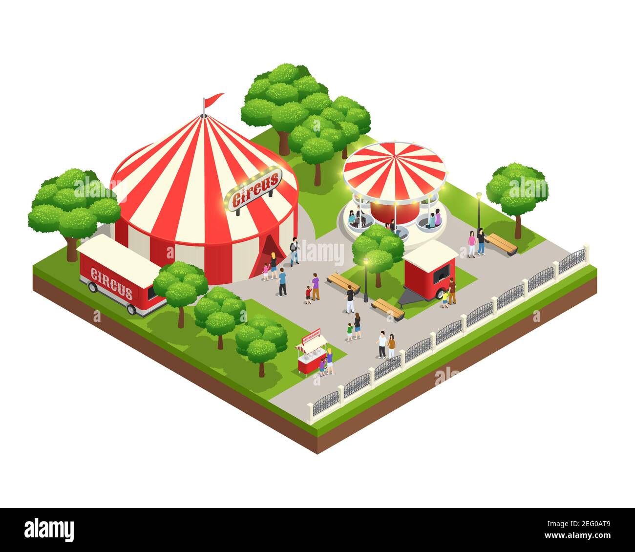Amusement park isometric composition with carousel circus tent ticket ...