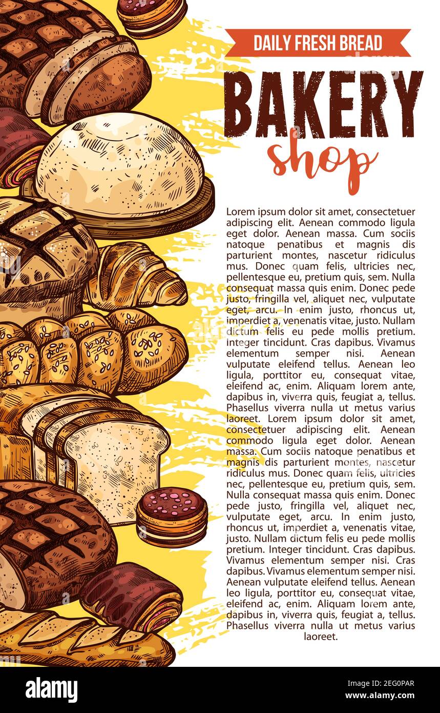 Bakery shop sketch poster of bread for baker store. Vector design of ...