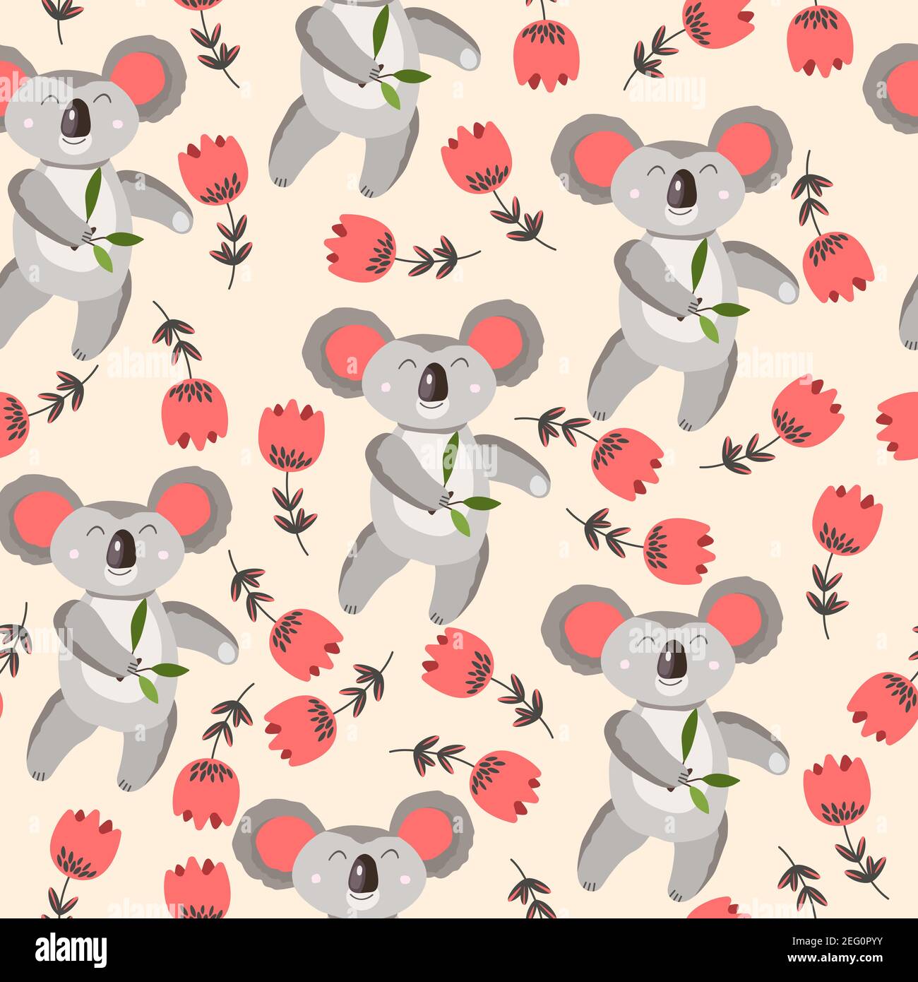 Seamless pattern with cute koala baby and flowers on color background ...