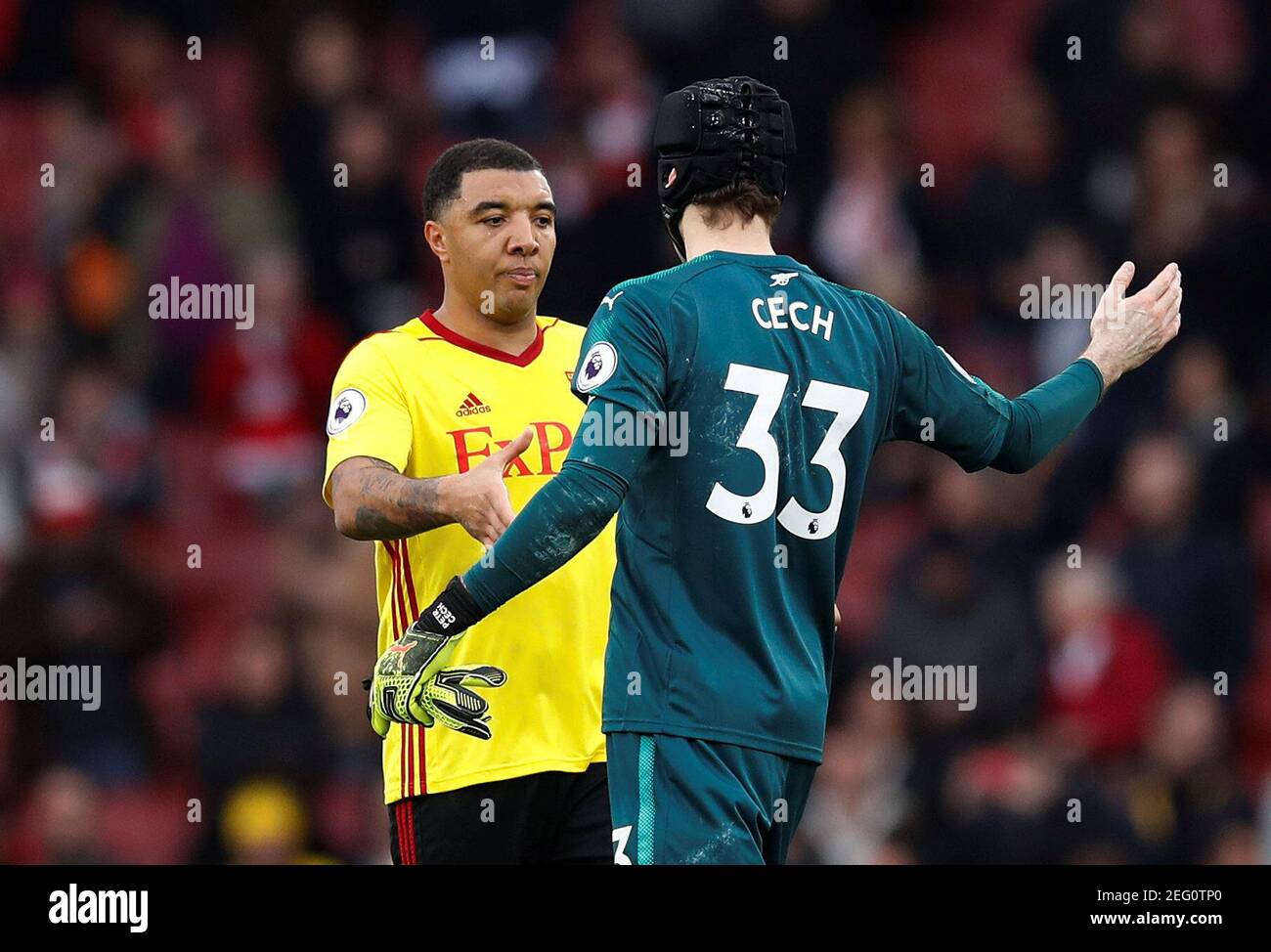 Soccer Football - Premier League - Arsenal vs Watford - Emirates Stadium, London, Britain - March 11, 2018   Watford's Troy Deeney and Arsenal's Petr Cech at the end of the match   REUTERS/Eddie Keogh    EDITORIAL USE ONLY. No use with unauthorized audio, video, data, fixture lists, club/league logos or "live" services. Online in-match use limited to 75 images, no video emulation. No use in betting, games or single club/league/player publications.  Please contact your account representative for further details. Stock Photo
