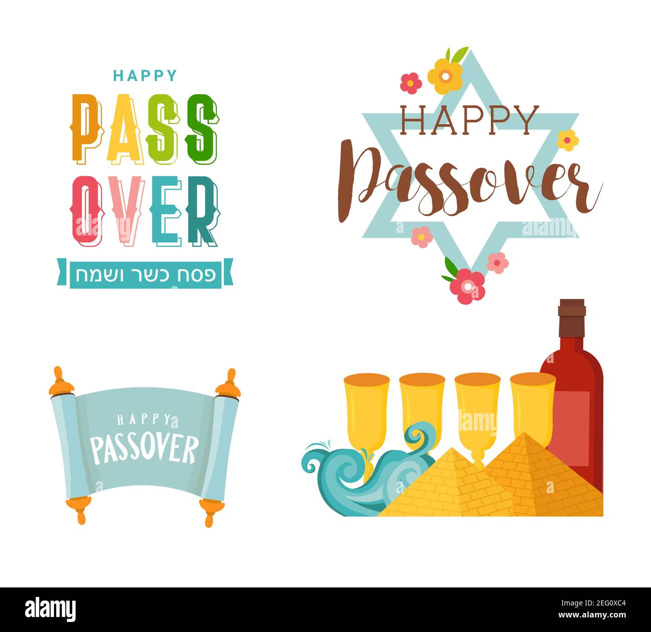 Pesah celebration concept , Jewish Passover holiday. Greeting cards with traditional icons, four wine glasses, Matzah and spring flowers. vector Stock Vector