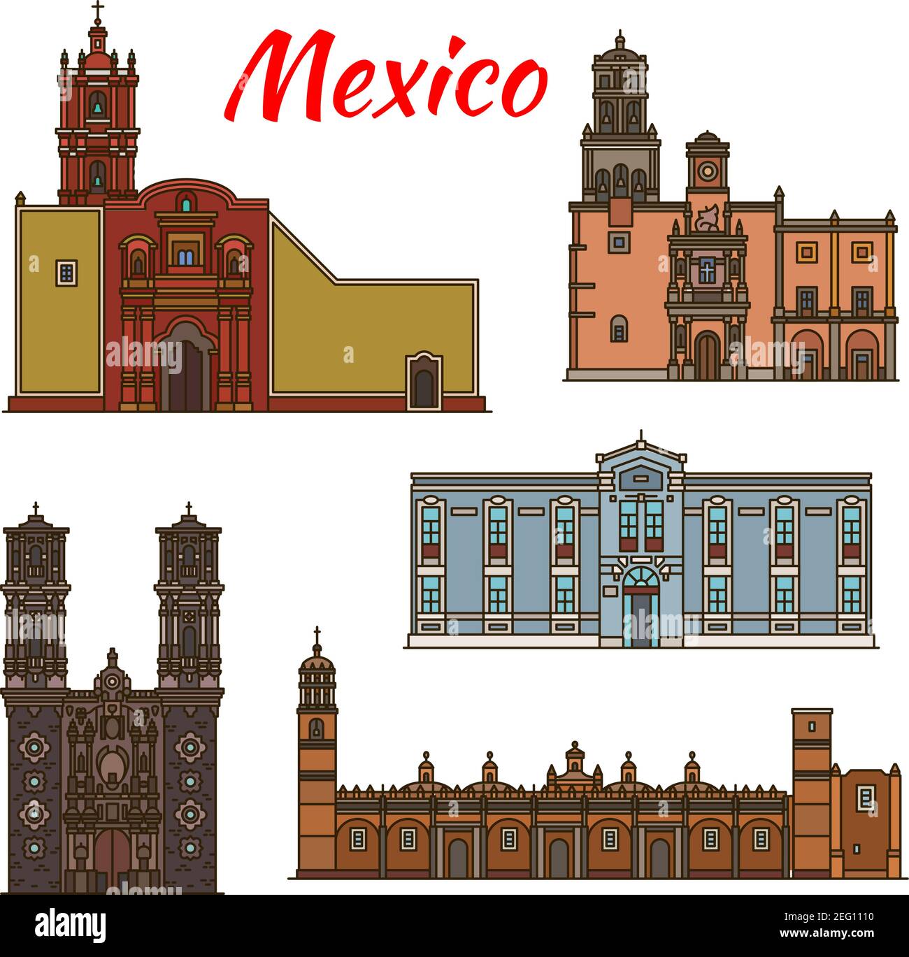 Mexico architecture landmarks and famous buildings facade line icons. Vector set of Mexican cathedrals and monastery of Real Capella chapel, Santa Mon Stock Vector